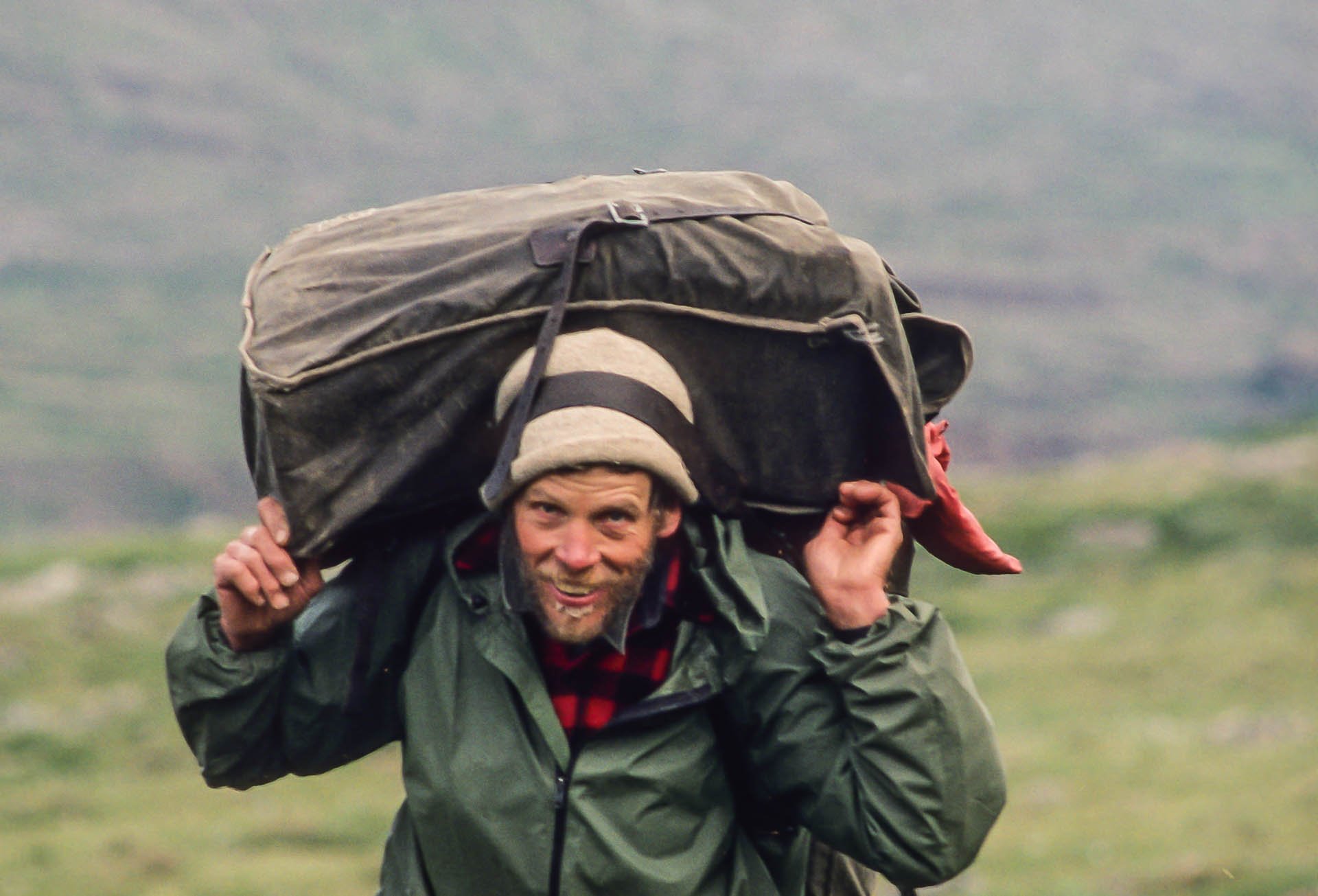 Portaging to the Korok river, 1996. Dave Brown photo.