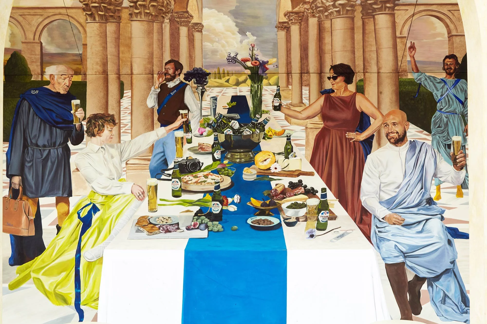 Hand-painted Renaissance-inspired mural created by JOY! Collective for Peroni Nastro Azzurro in Covent Garden, London.