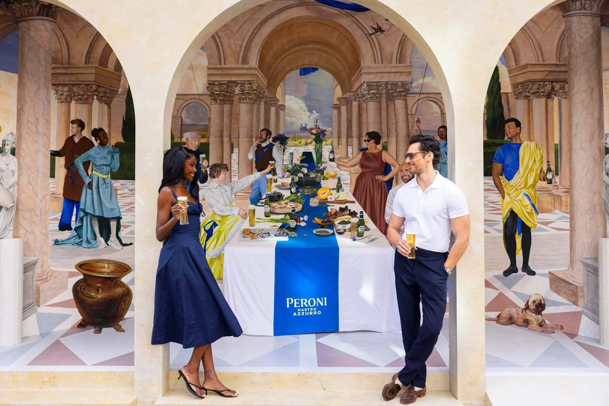 Hand-painted Renaissance-inspired mural created by JOY! Collective for Peroni Nastro Azzurro in Covent Garden, London.