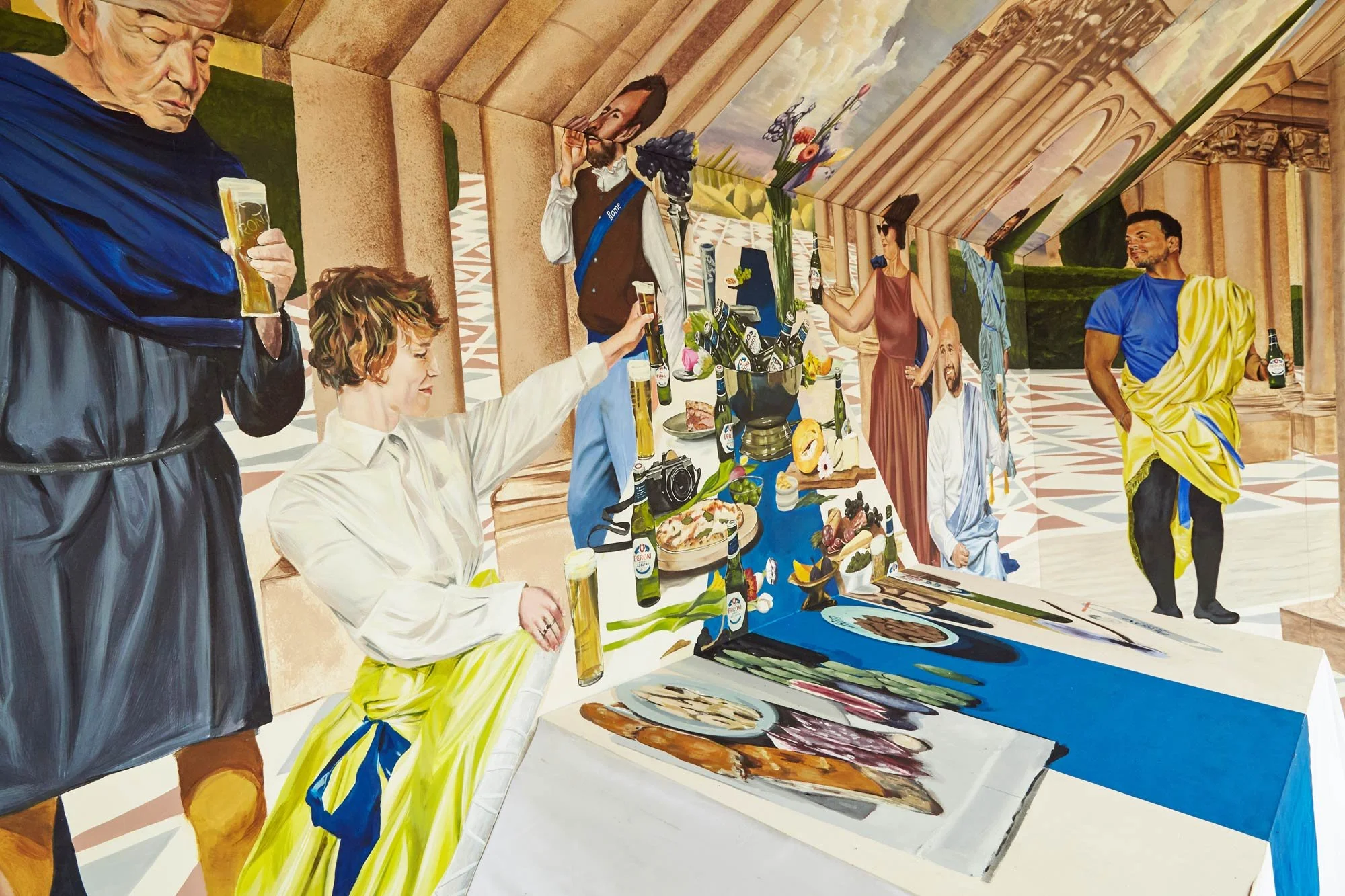 Hand-painted Renaissance-inspired mural created by JOY! Collective for Peroni Nastro Azzurro in Covent Garden, London.