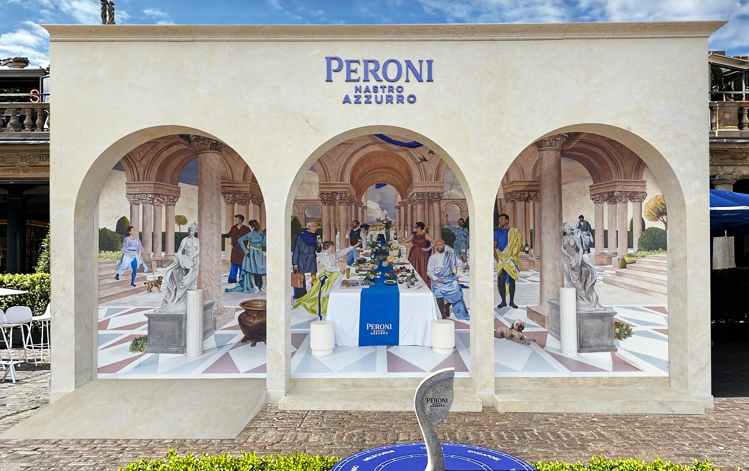 Hand-painted Renaissance-inspired mural created by JOY! Collective for Peroni Nastro Azzurro in Covent Garden, London.