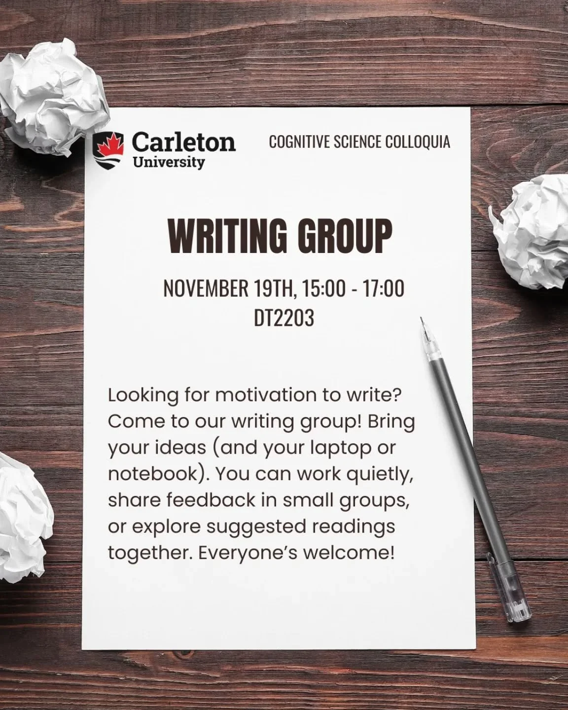 Our last colloquium of the Fall semester is next week! 

Looking for motivation to write? Come to our writing group! Bring your ideas (and your laptop or notebook). You can work quietly, share feedback in small groups, or explore suggested readings t