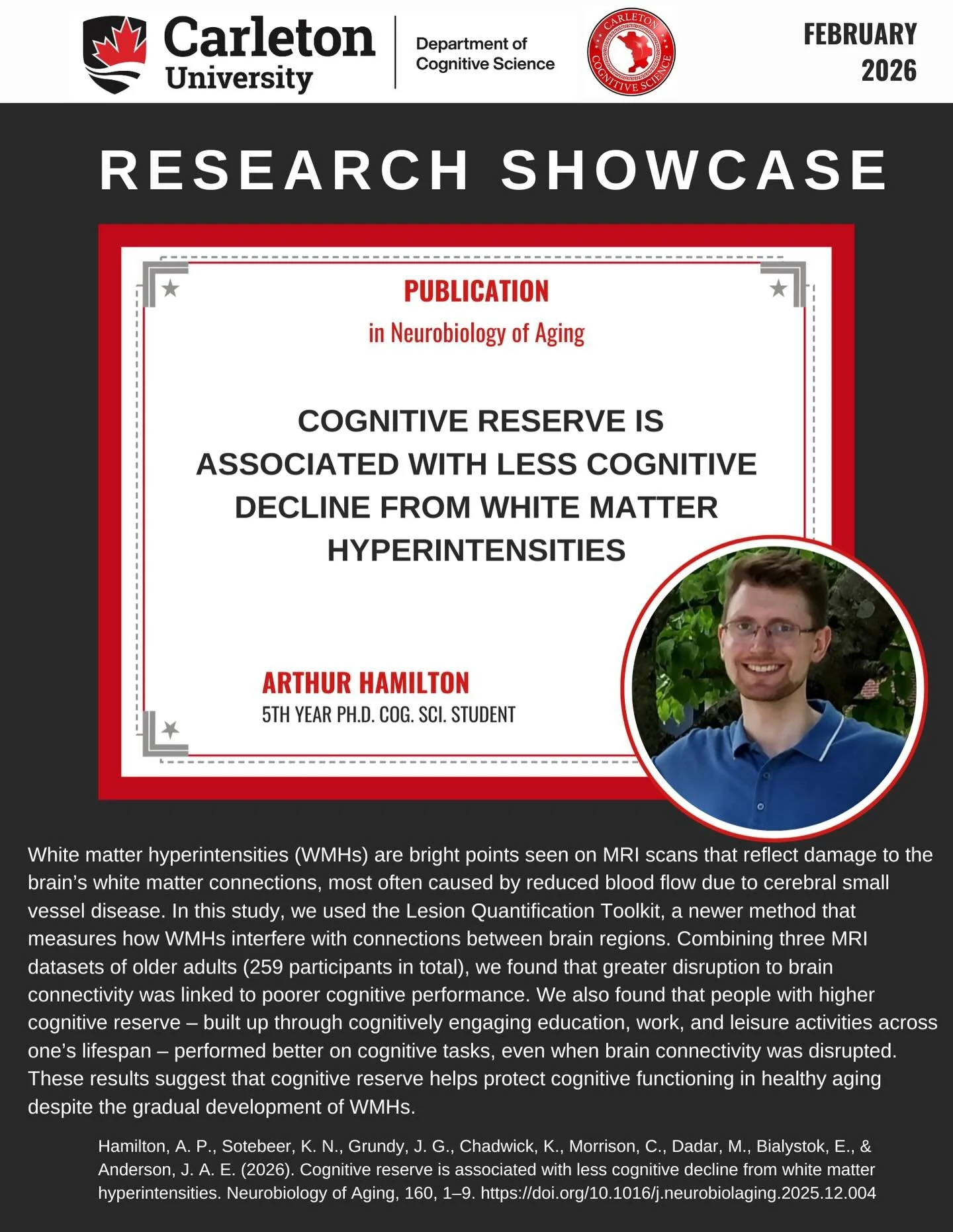 🧠 Research Showcase 🧠

Cognitive Science PhD Student Arthur Hamilton (@ap_hamilton), takes us behind the scenes of what it&rsquo;s like to get a paper published.

His paper: Cognitive reserve is associated with less cognitive decline from white mat