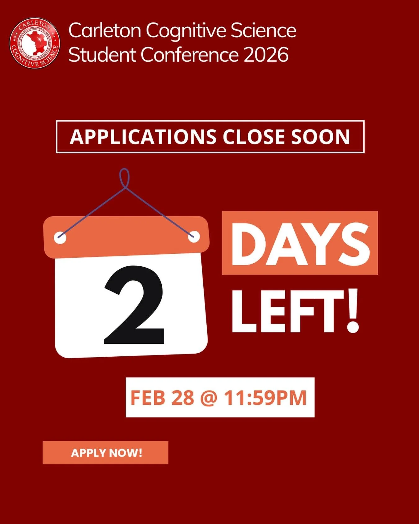 Two days left to apply for the cog sci student conference! Don&rsquo;t miss out! Find submission instructions pinned on our profile.
#CarletonCogSci #CarletonCognitiveScience #CarletonU