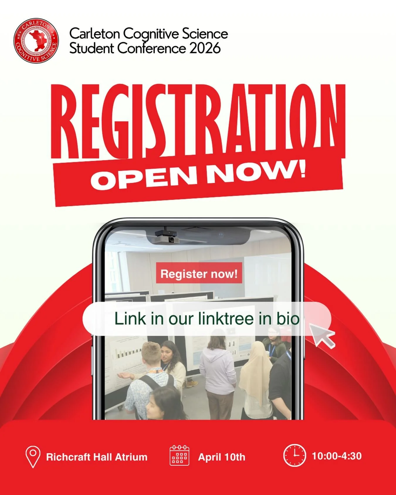 Registration for the 2026 Cognitive Science Student Conference is now open! Presenters, profs, and all attendees are encouraged to register! 🧠 

See you April 10th!

#CarletonUniversity #CarletonCognitiveScience #CarletonCogSci #CarletonU