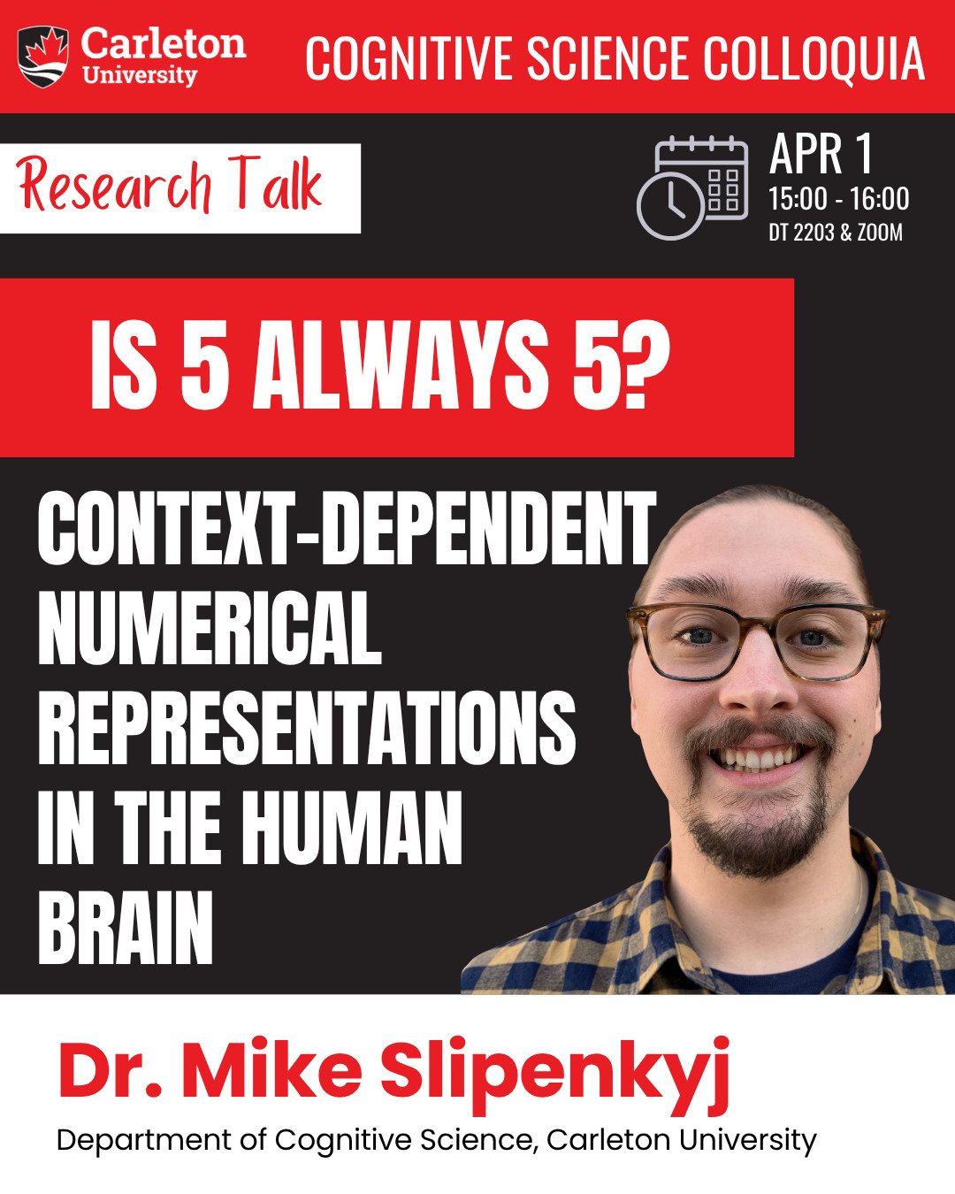 Join us April 1st at 3pm in DT 2203 or on Zoom (link in linktree in bio) for our next colloquium! 

@carletonmathlab's Dr. Mike Slipenkyj presents:

Is 5 always 5? Context-dependent numerical representations in the human brain

Humans use numbers in 