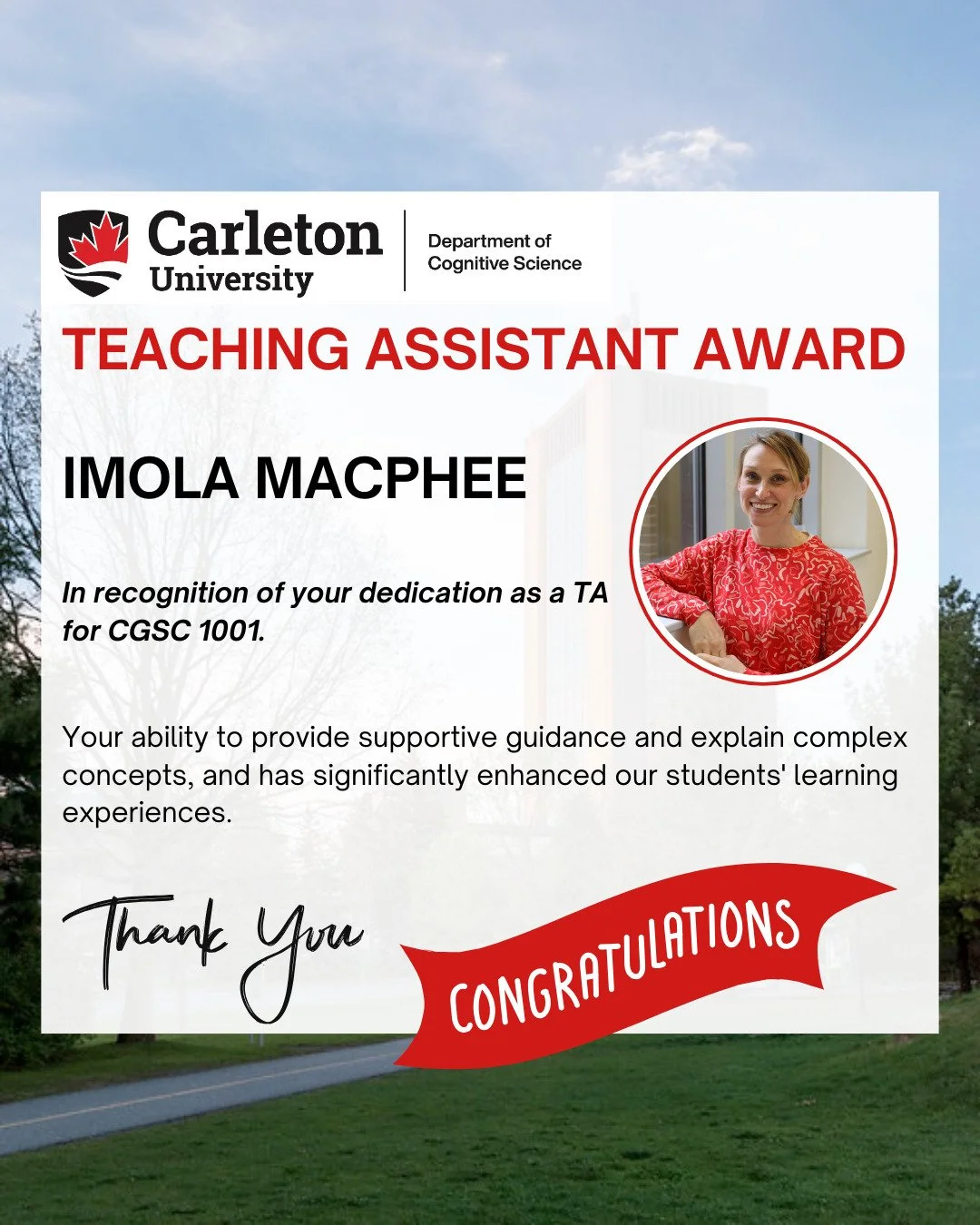 Thank you to all our Cognitive Science Teaching Assistants, and congratulations to our winners and honourable mention of the Cog Sci TA Awards! 🎉 👏 

Imola MacPhee and Eilene Tomkins-Flanagan have been selected as this year's recipients of the Cogn