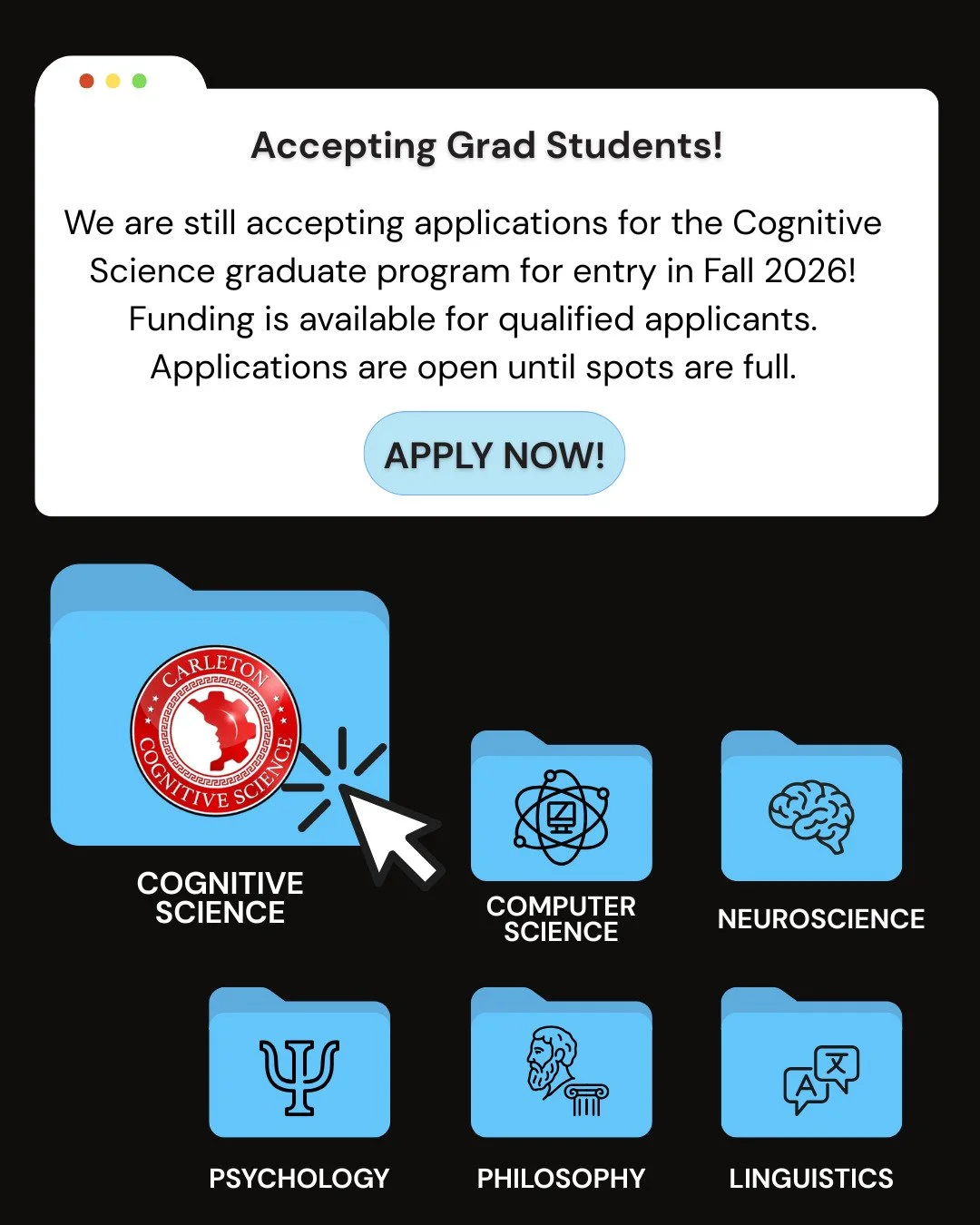 Interested in the interdisciplinary study of human and artificial intelligence?
The Cognitive Science graduate program at Carleton University is still accepting applications for Fall 2026; funding is available for qualified applicants.
Research in th
