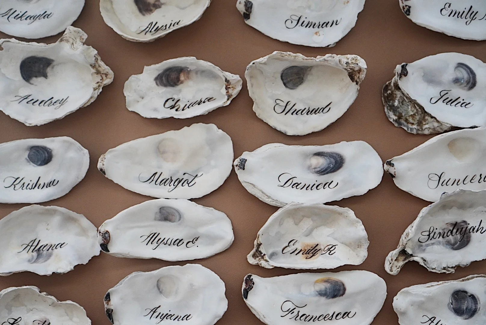Collection of oyster shells labeled with names written in black script, such as 'Kristina', 'Margot', 'Juniper', and 'Danilo', arranged on a flat surface.