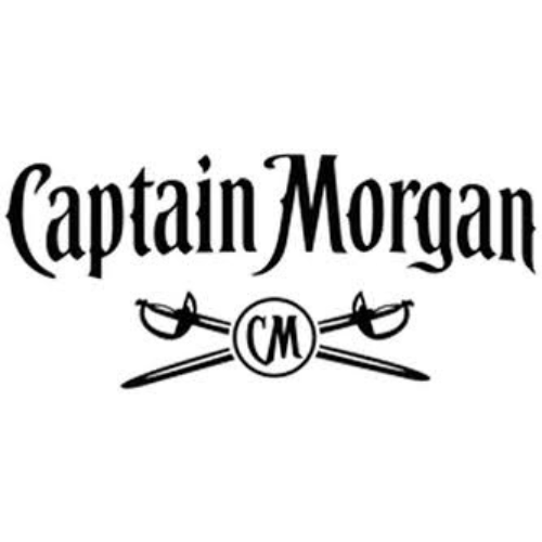 Logo with the text 'Captain Morgan' and a circular emblem with 'CM' in the center, flanked by two swords.