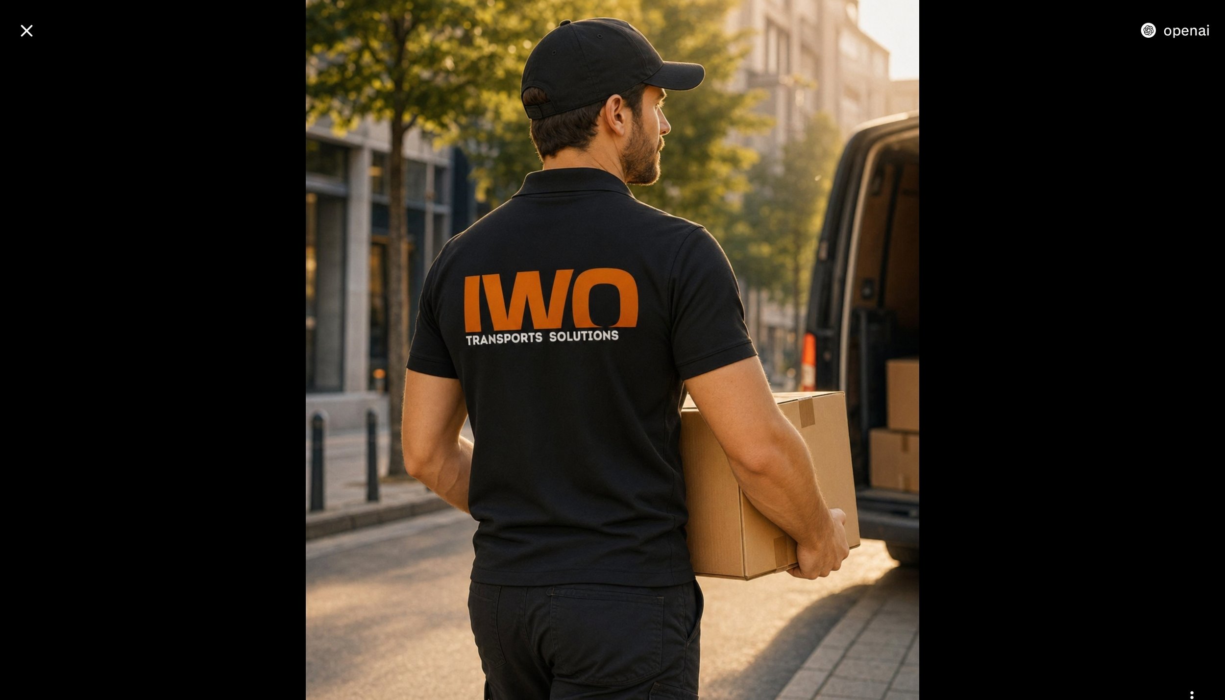 Livreur de dos arborant un polo noir sur lequel est appose le logo IWO, portant un colis et se dirigeant vers un Vehicule leger.