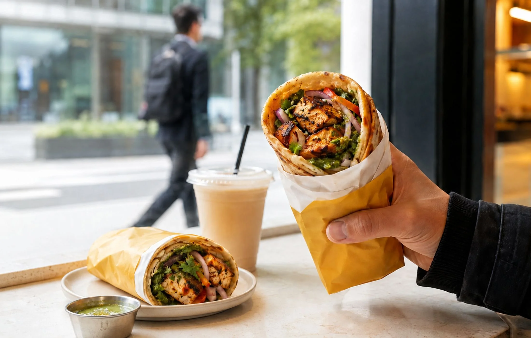 Hand holding a fresh chicken kathi roll with another roll served on a plate at Rollzzy.
