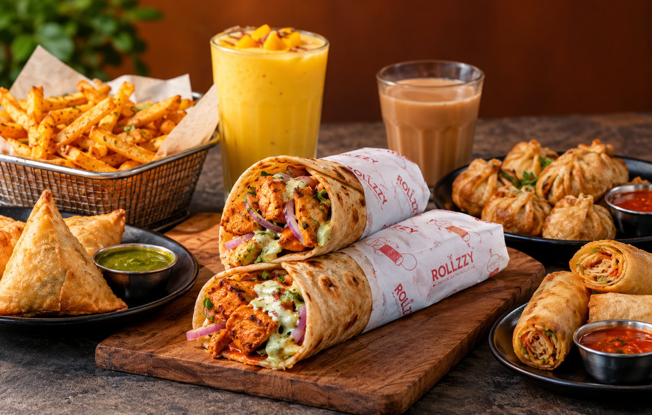 Chicken Kathi rolls served with samosas, masala fries, fried momos, spring rolls, mango lassi, and masala chai.