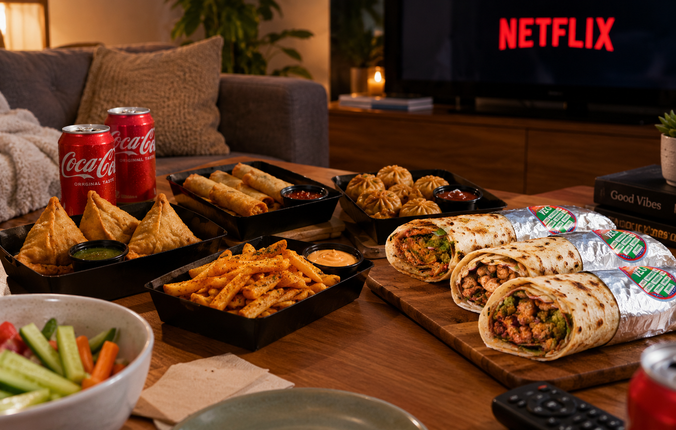 Indian street food snacks including samosas, momos, fries, spring rolls, and Kathi rolls served on a table during a cozy Netflix movie night at home.