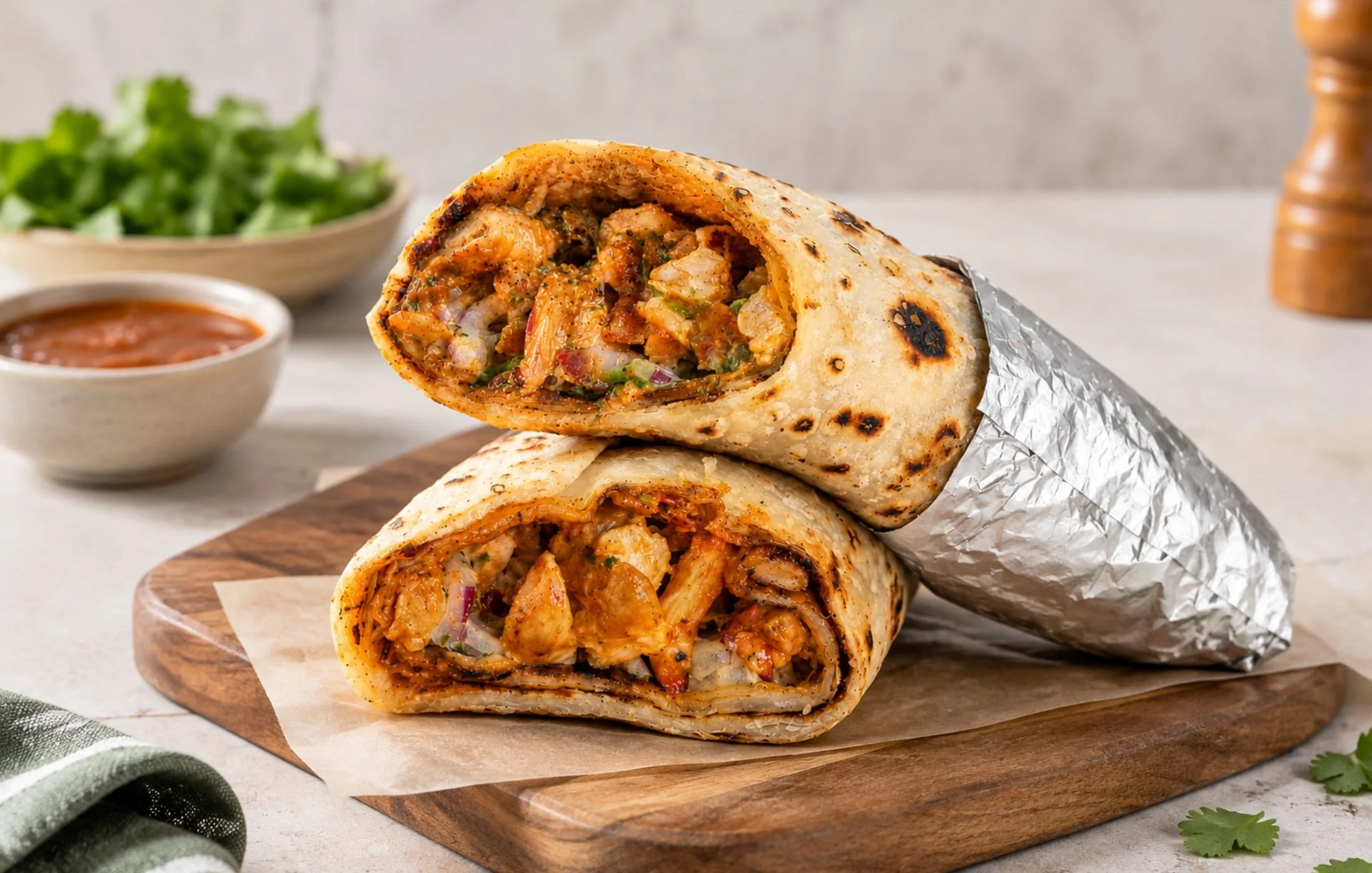 Two grilled chicken kathi rolls filled with spiced chicken, onions, herbs, and vegetables, served on a wooden board with dipping sauce and fresh coriander.