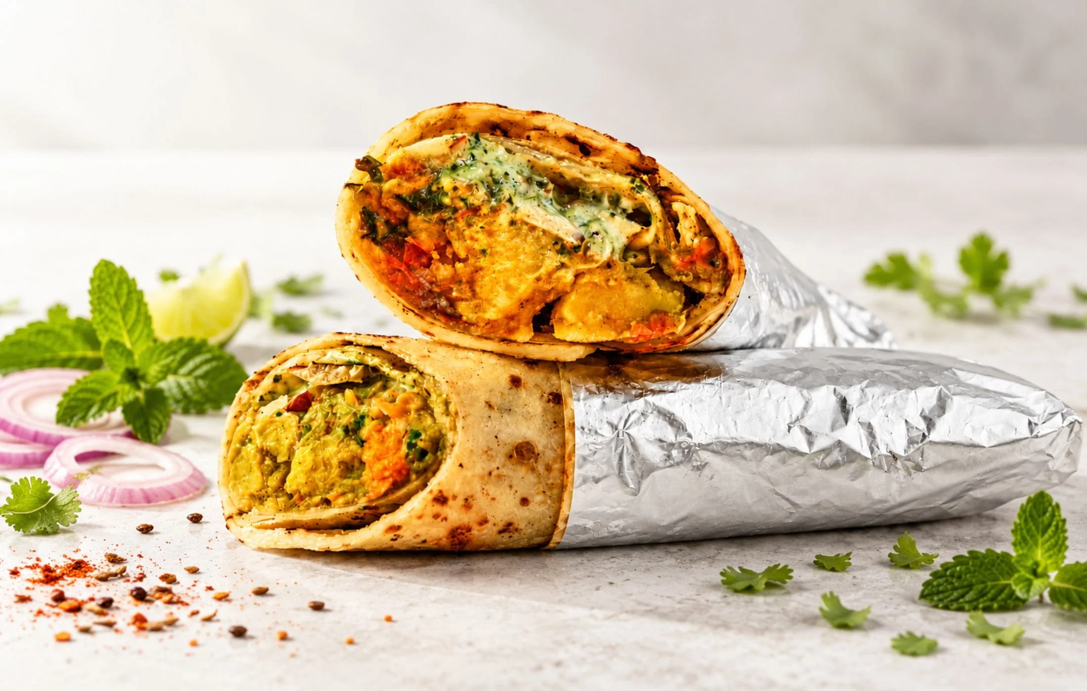 Freshly grilled Indian kathi rolls filled with vegetables, herbs, and chutney, served with mint, onion, lime, and spices on a light background.