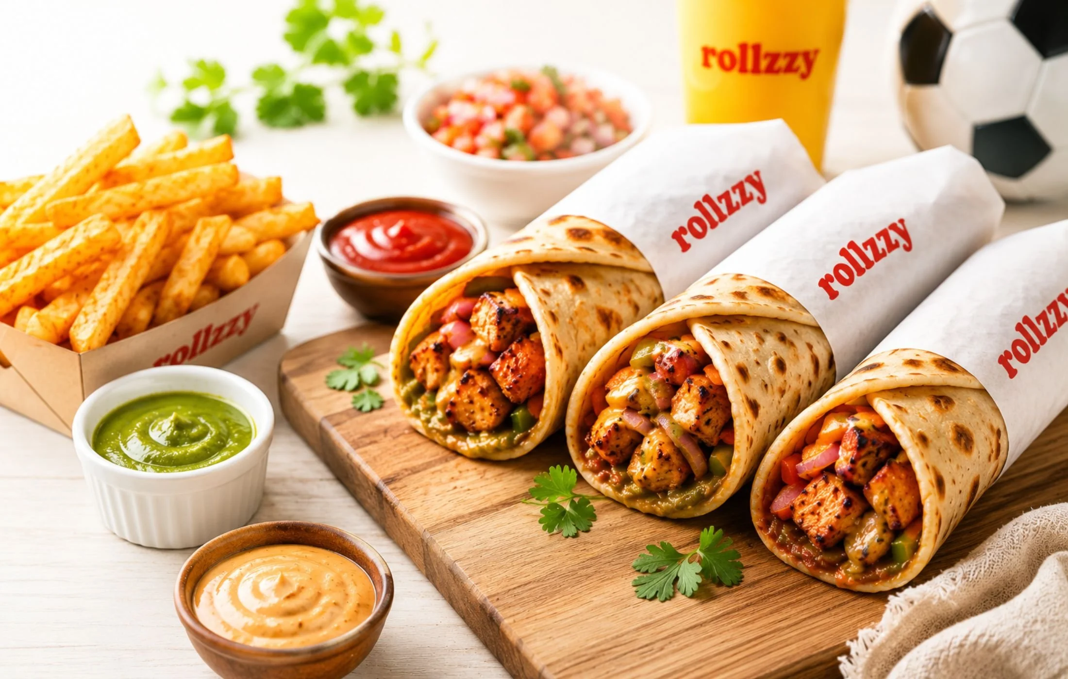 Fresh Rollzzy chicken kathi rolls with masala fries, mint chutney, tandoori mayo, and dipping sauces served as the perfect FIFA World Cup watch party food.