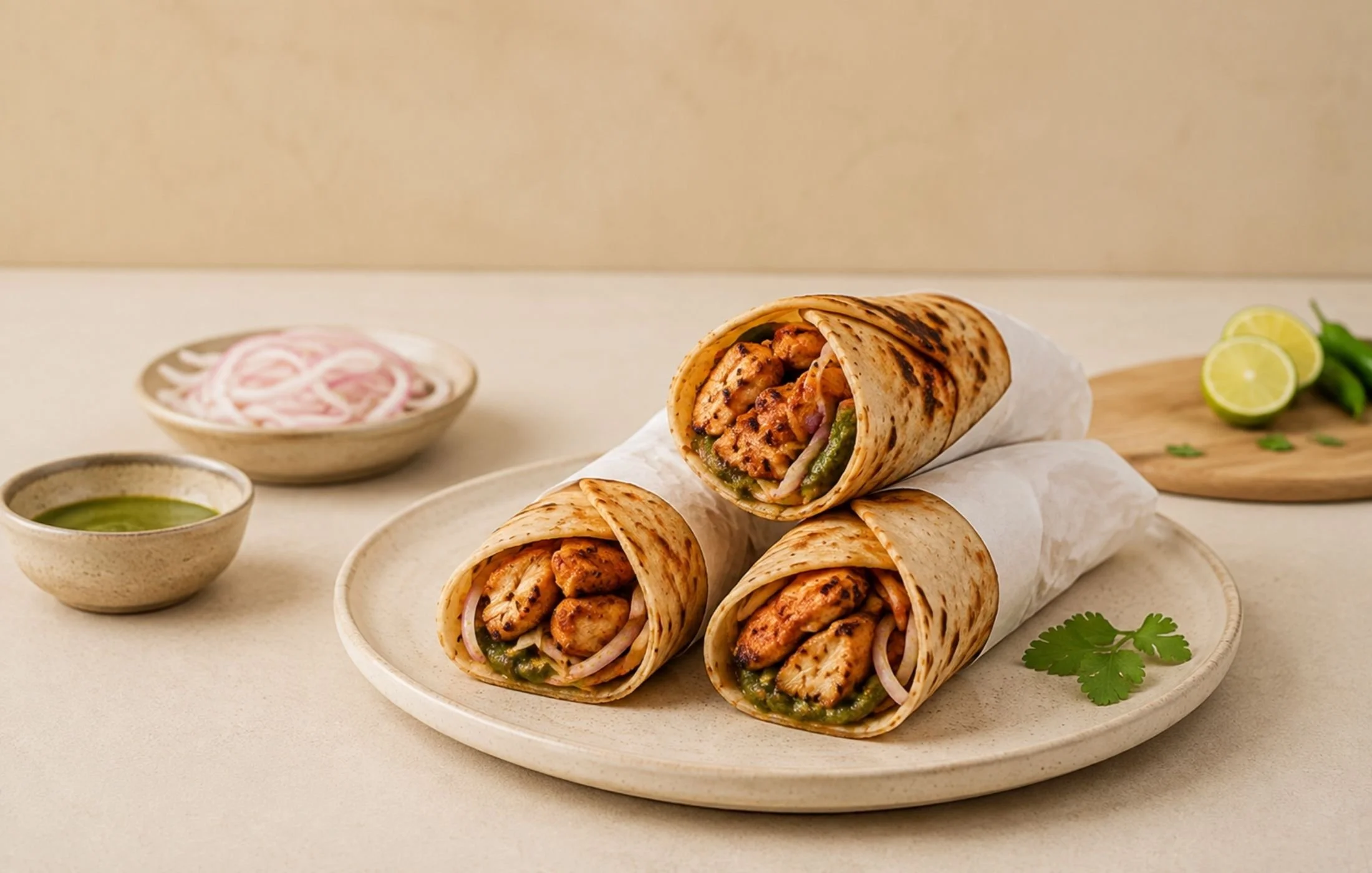 Realistic chicken kathi rolls made with flaky paratha, grilled spiced chicken, red onions and green mint chutney, highlighting the ingredients that make a kathi roll different from a regular wrap.