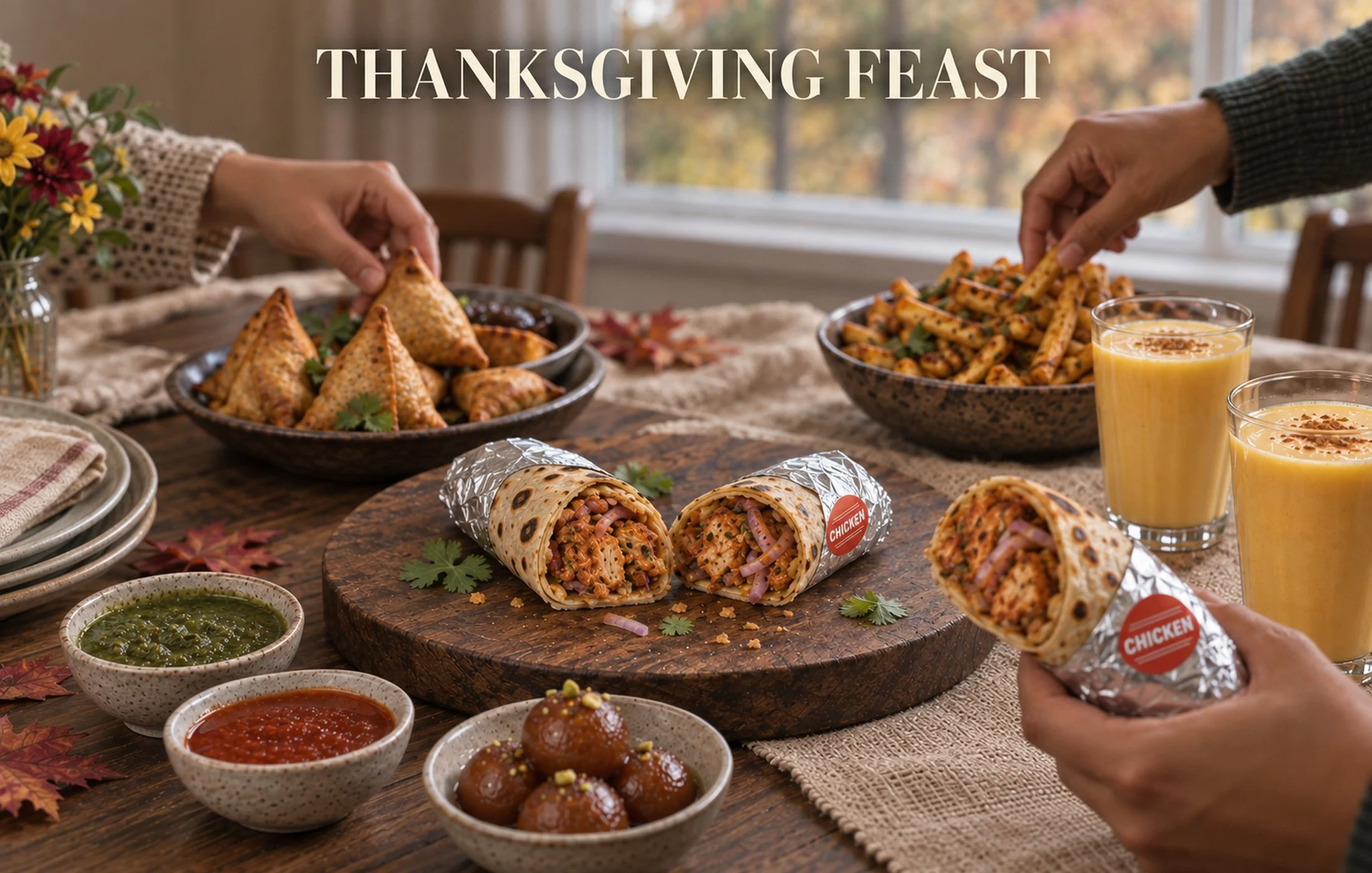 Rollzzy chicken Kathi rolls served with samosas, masala fries, chutneys, gulab jamun, and mango lassi for a Thanksgiving gathering.
