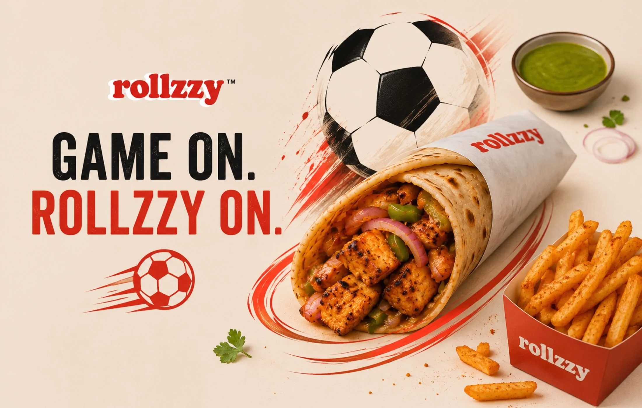 Rollzzy chicken tikka roll, masala fries, and green chutney featured as the perfect game-day meal for football fans during FIFA World Cup 2026.