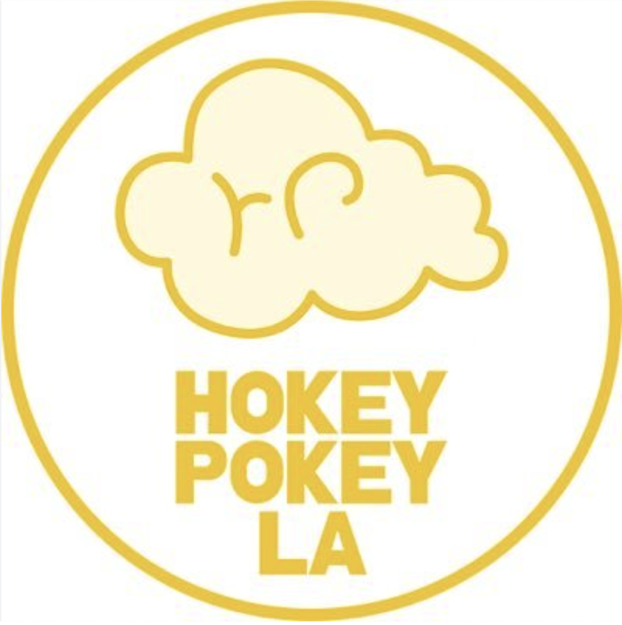 Yellow cloud with a circular outline containing the words 'Hokey Pokey LA' in bold yellow text.