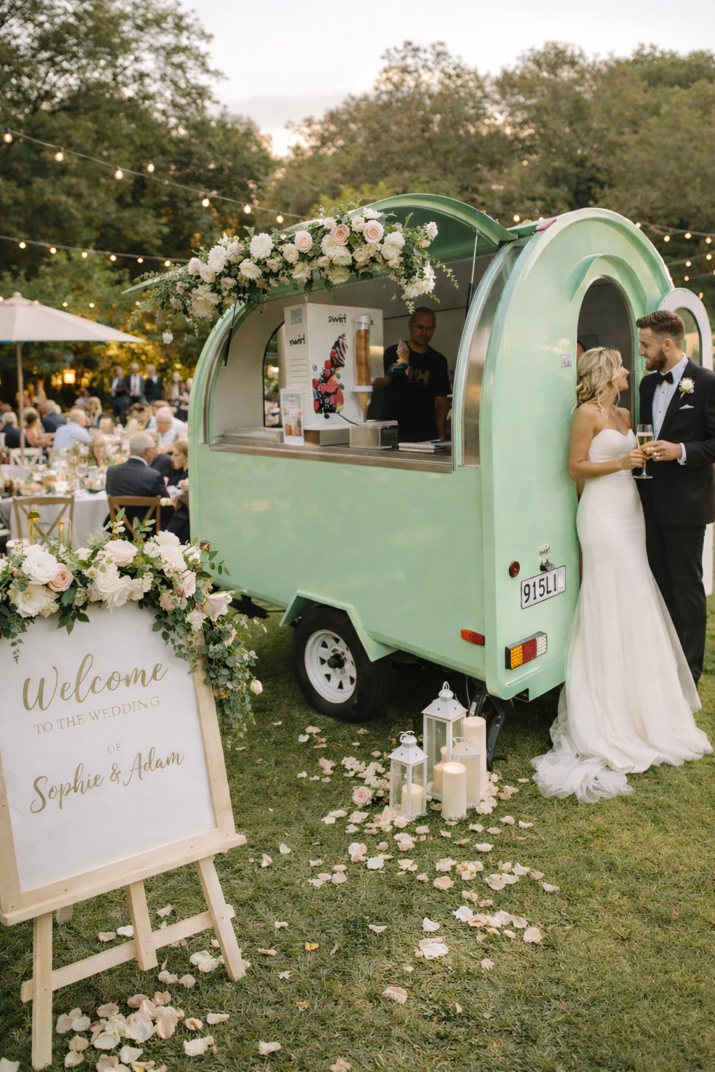 Mint green trailer at wedding celebration in Auckland