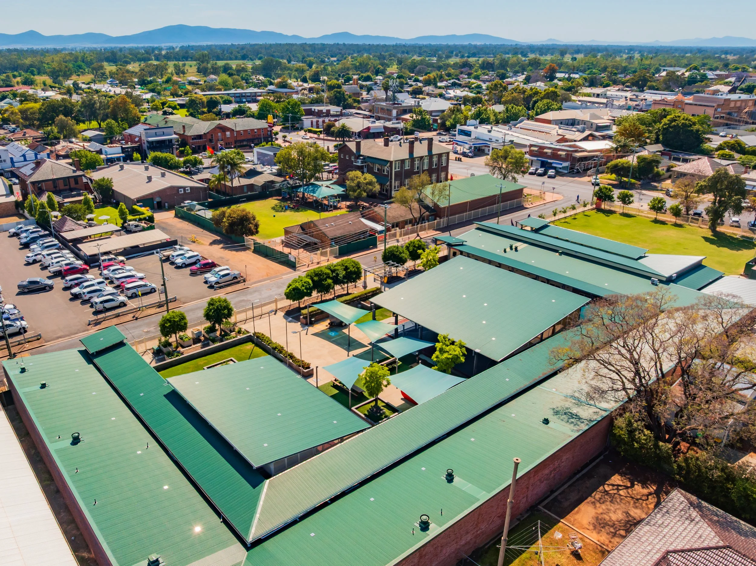 Aerial view of Middle and senior school buildings with the Junior School & prep buildings in the background at Carinya Christian School, Gunnedah.