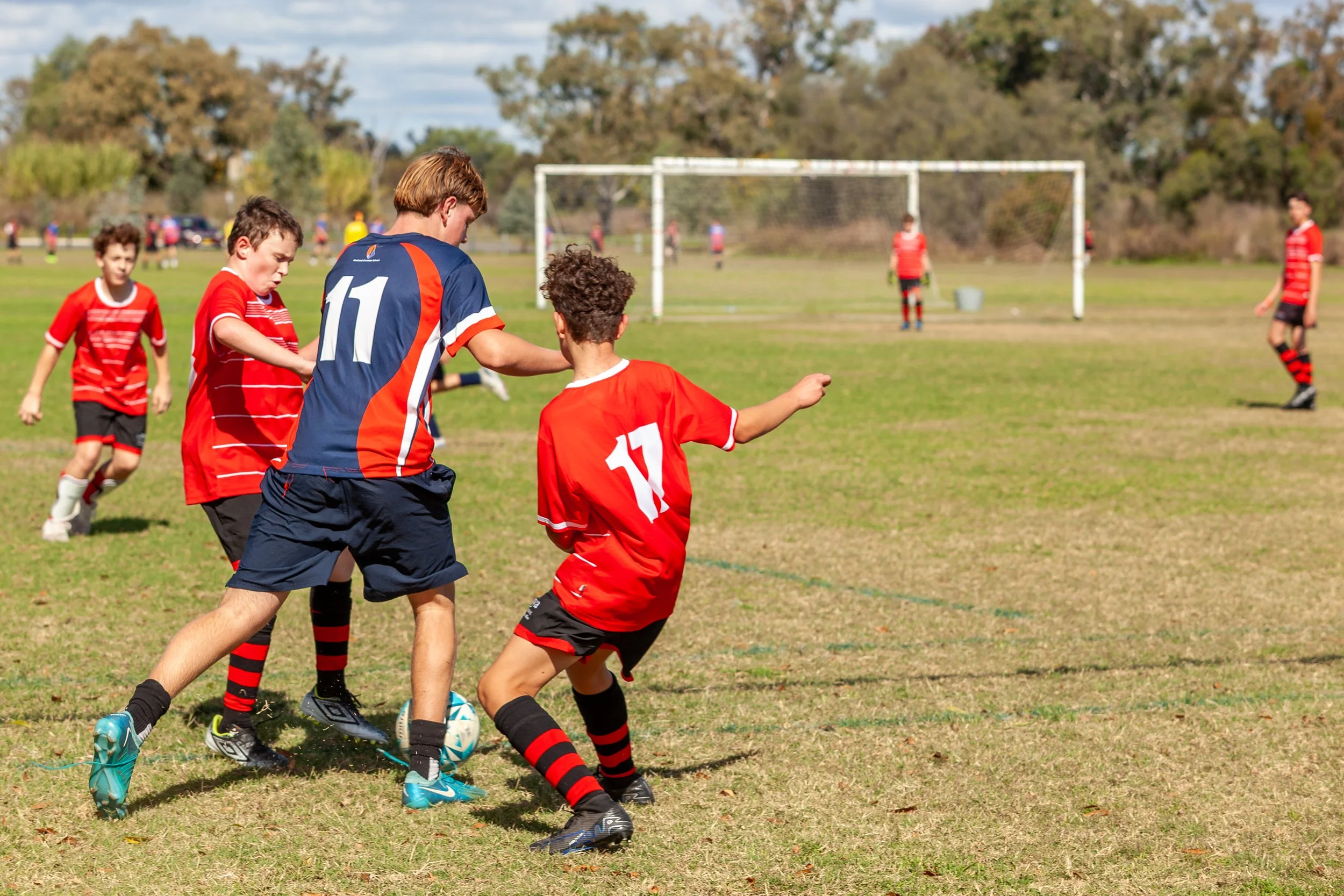 Young boys playing soccer on a grassy field, with some wearing red and black striped uniforms and others in blue and orange uniforms. The children are actively competing for the ball, with a goalpost and trees in the background.
