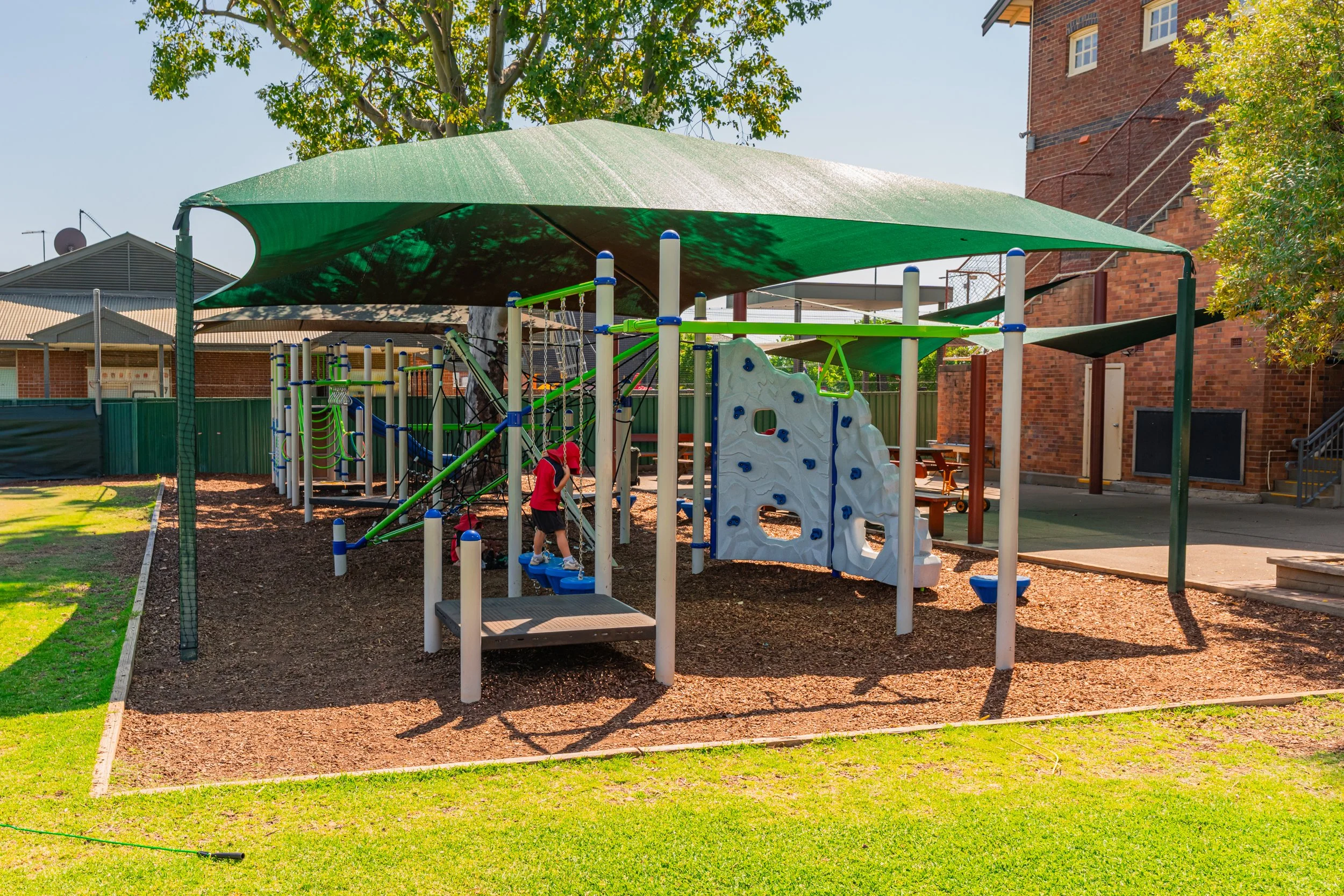 Junior School outdoor play equipment and climbing gym at Carinya Christian School, Gunnedah.