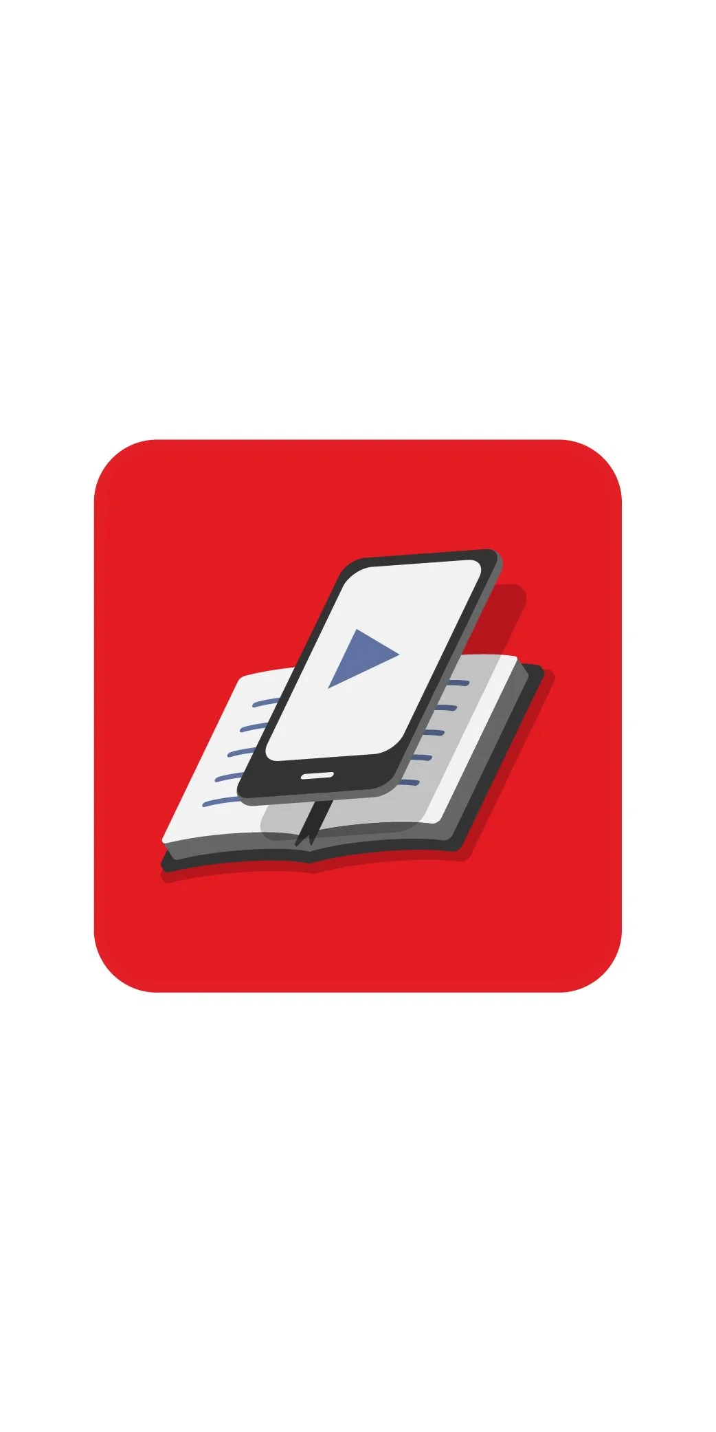 App icon with a red background, a stylized book, and a smartphone with a play button.