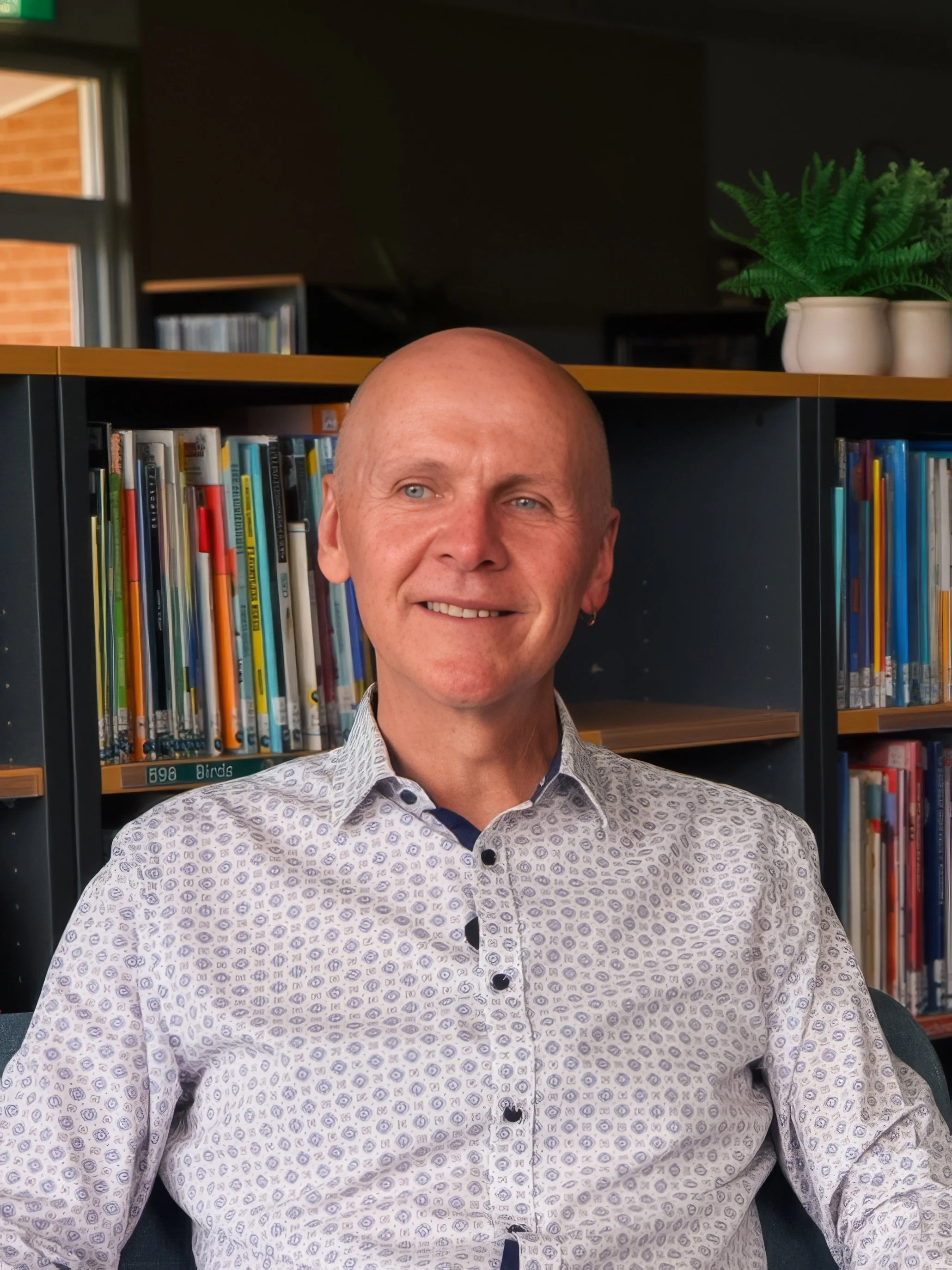 A man with a shaved head and a small earring in his left ear, smiling, wearing a patterned white shirt, sitting in front of bookshelves with colorful books and a potted plant on top.