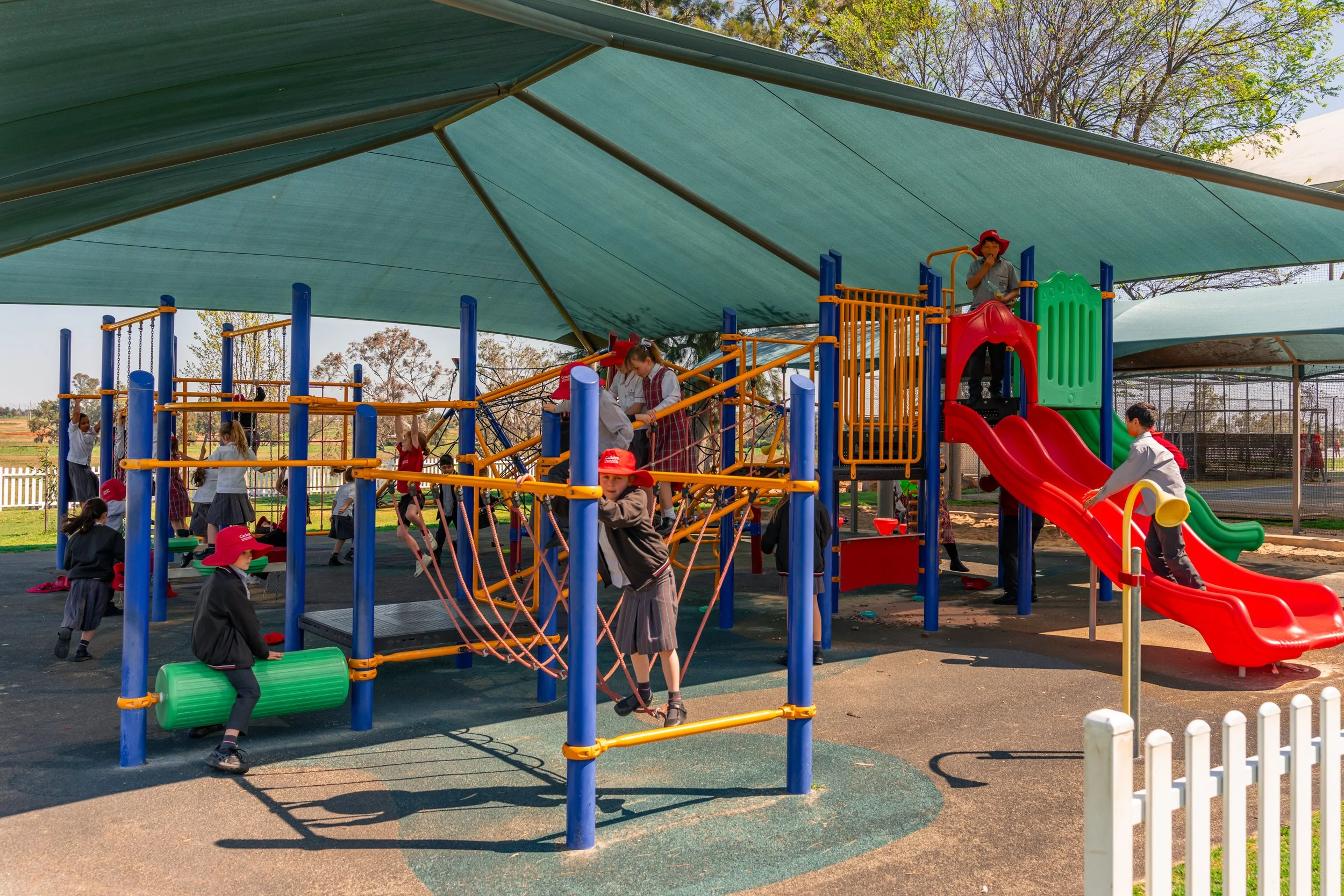 Junior School outdoor play equipment and climbing gym at Carinya Christian School, Tamworth.
