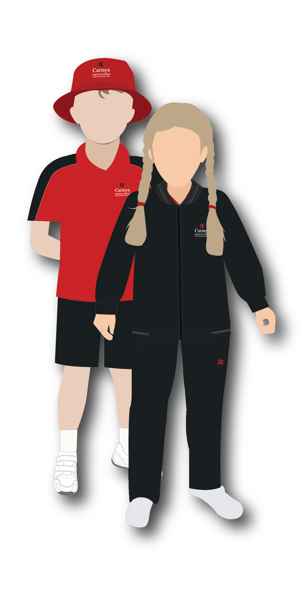 Two children in school uniforms standing together, with one wearing a red hat and shirt and the other in a black jacket with braided hair, both featuring the school logo.