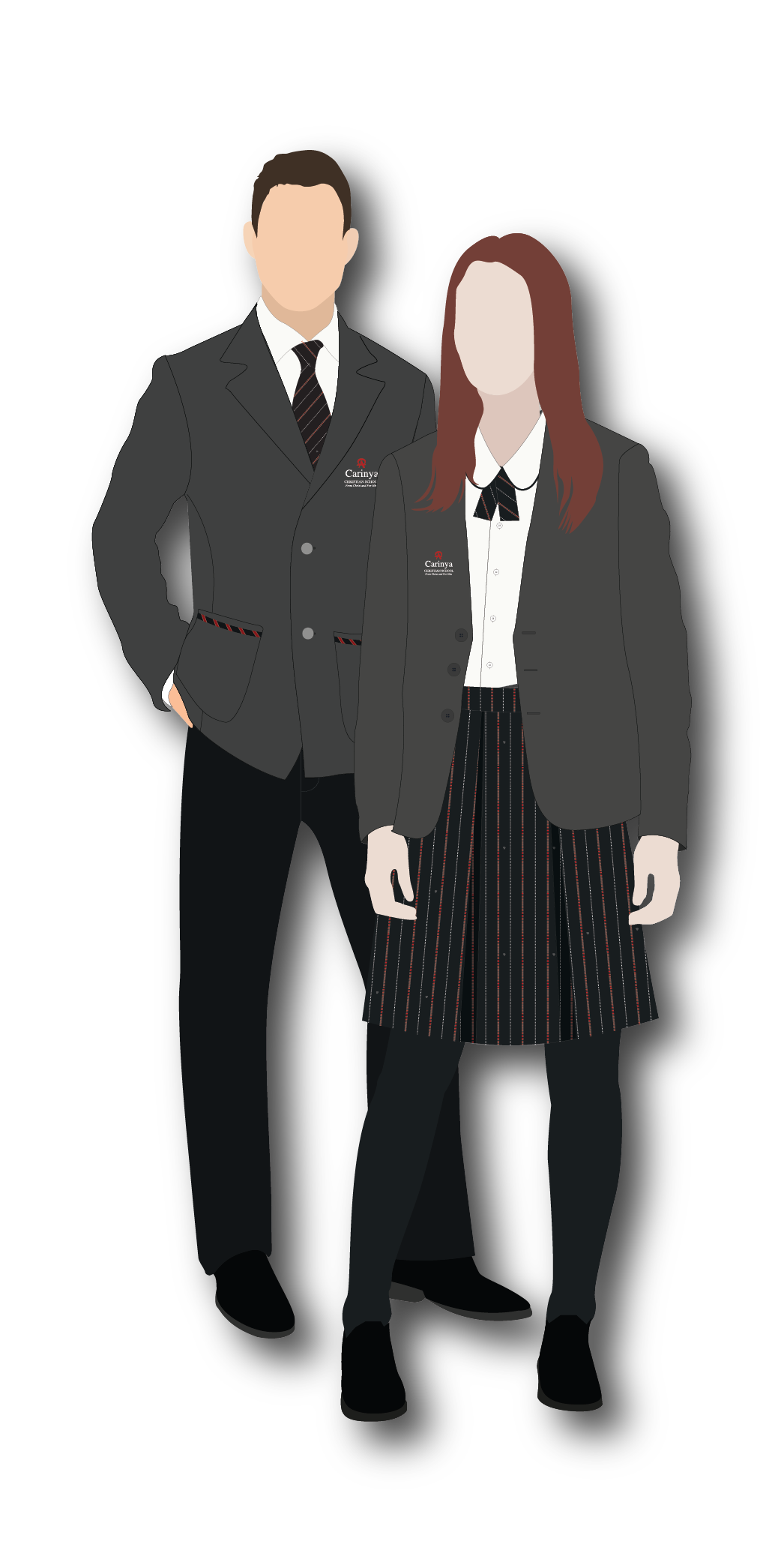 Two students wearing school uniforms, including dark gray blazers with a school logo, white shirts, striped ties, skirts, and pants, standing against a white background.