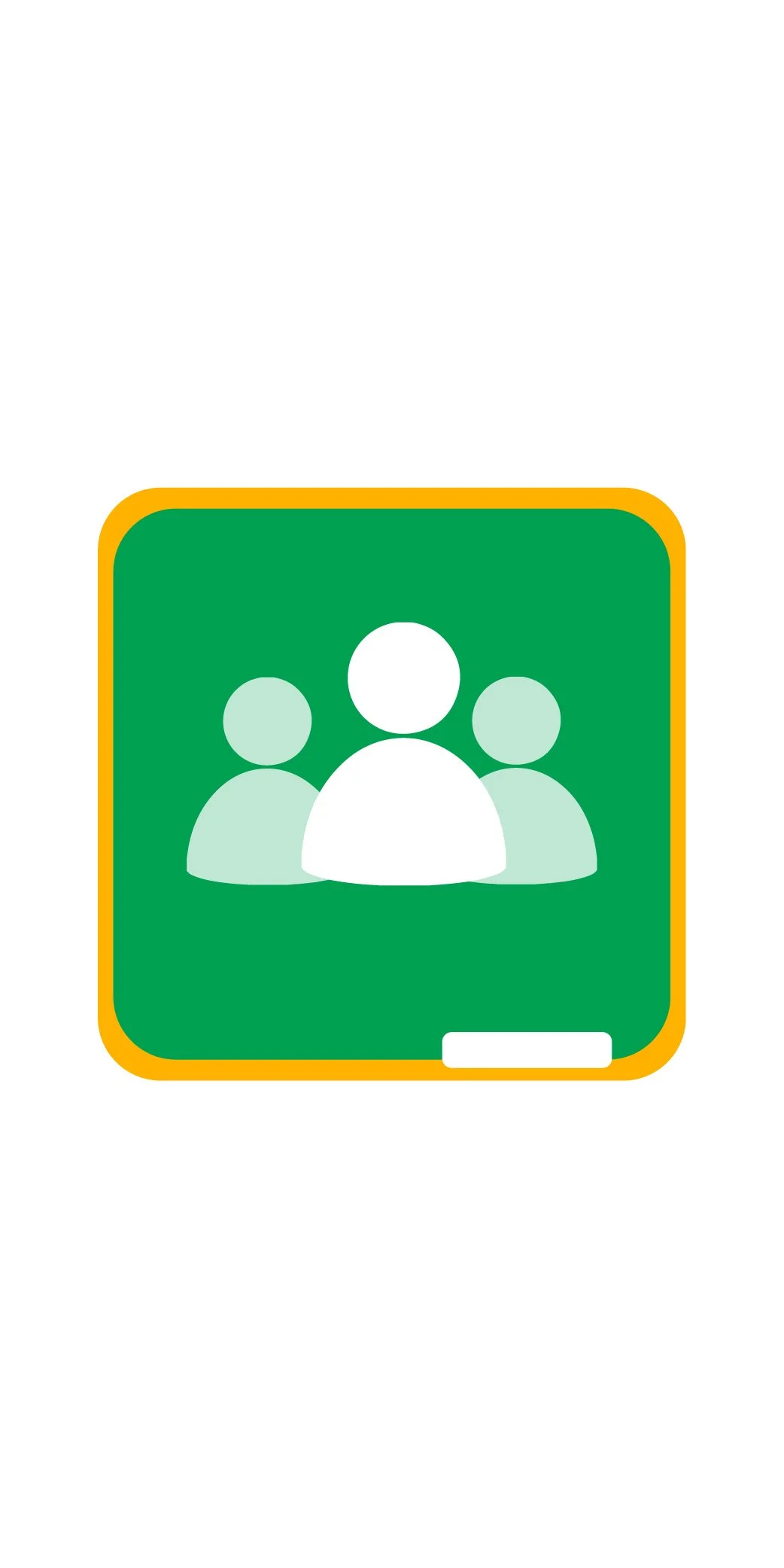 Icon of three people on a green chalkboard, outlined in yellow, suggesting a group or team setting.