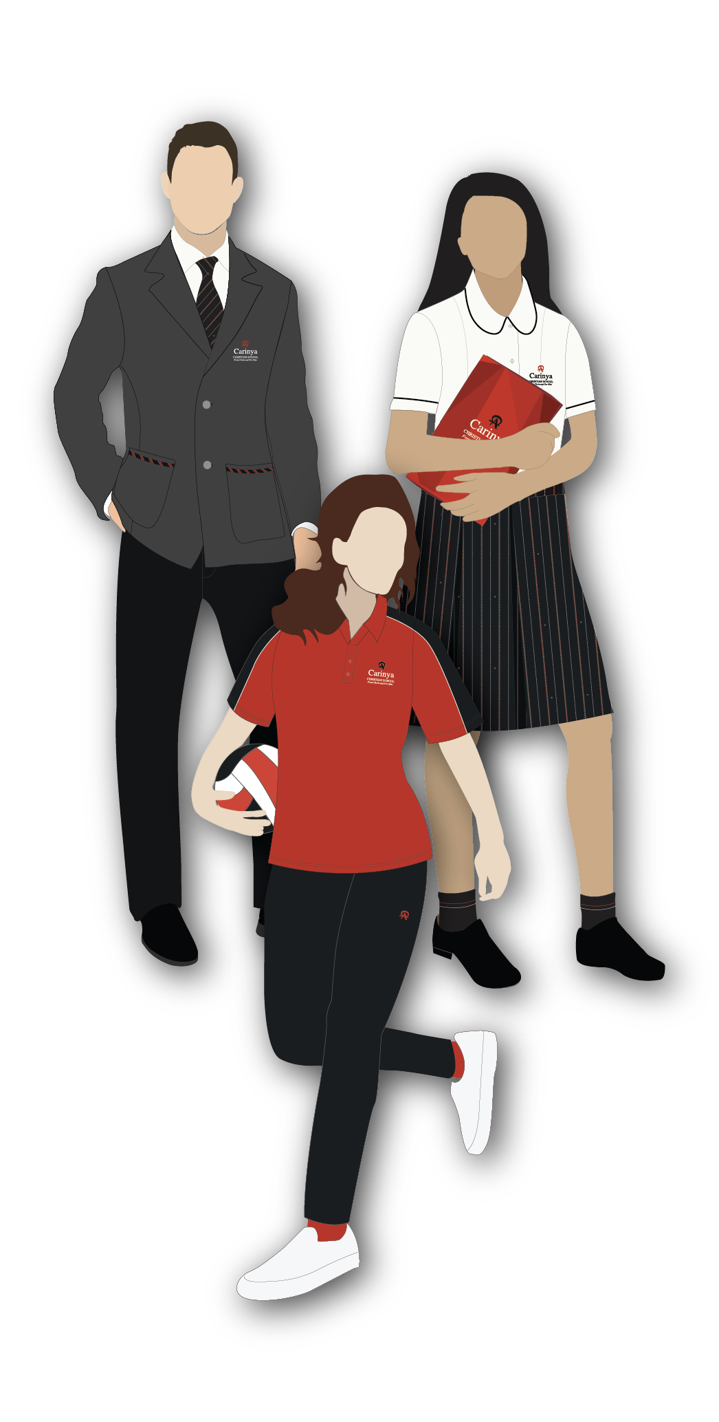 Illustration of three individuals in professional and casual attire, with two women and a man, all holding sports or work-related items.