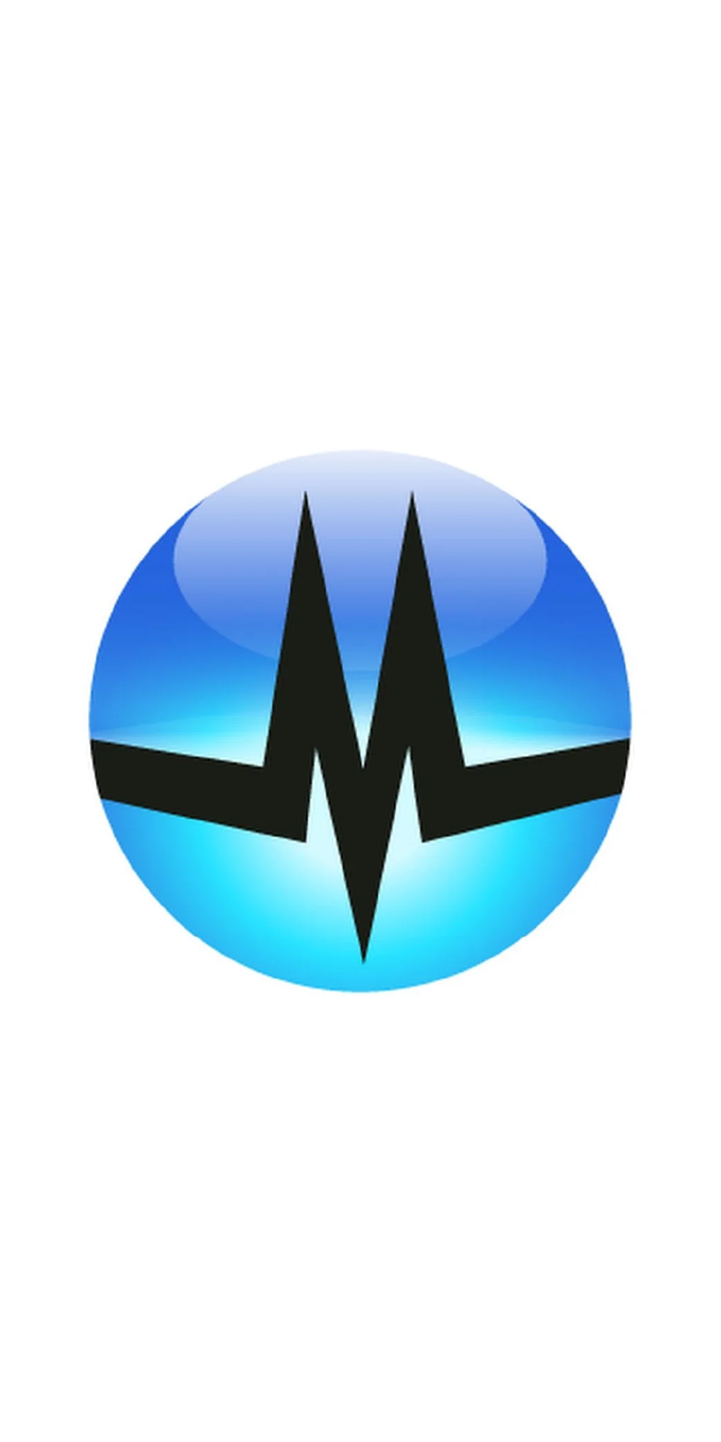 A blue circular logo with a black electrocardiogram line in the center.