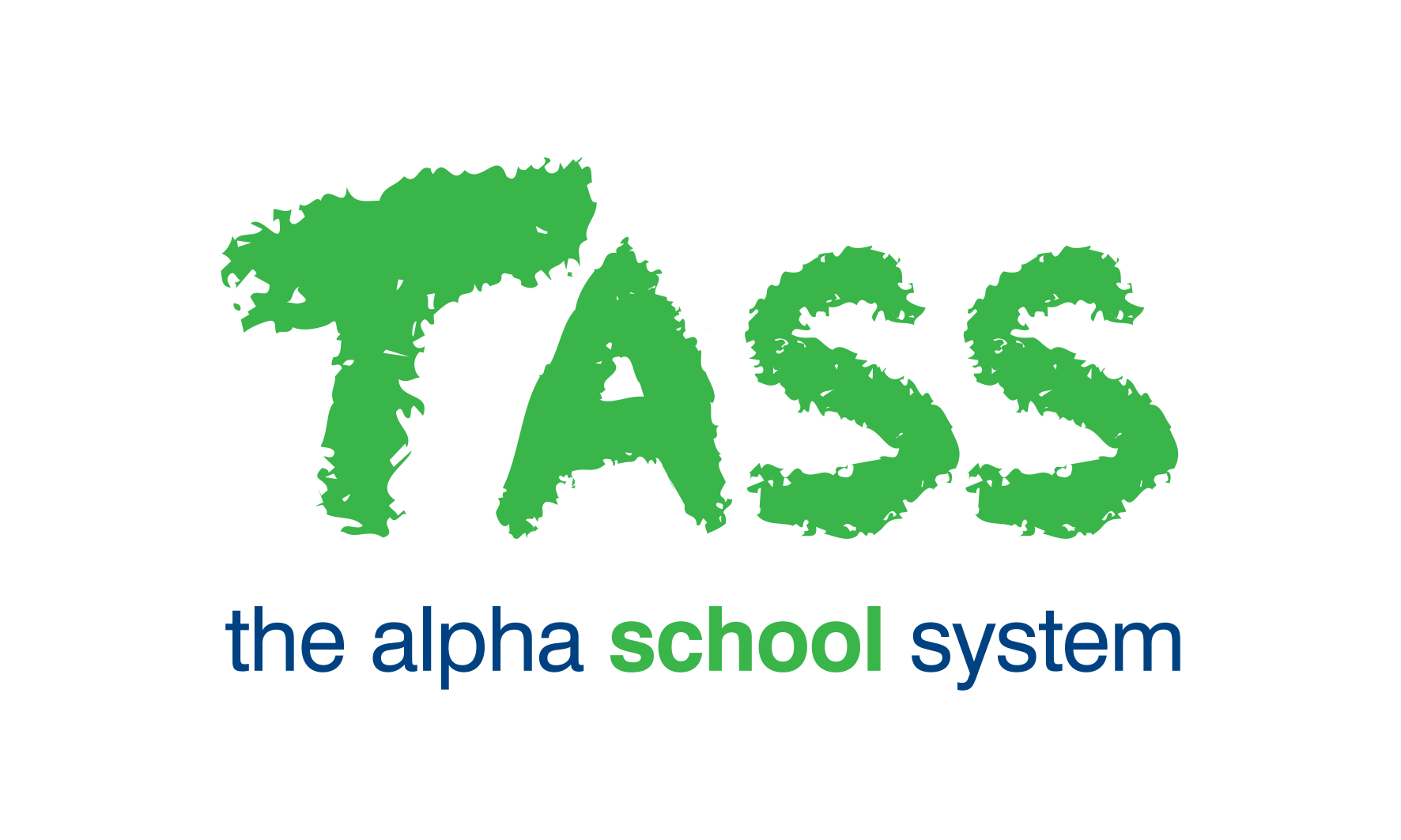 Logo with the word "TASS" in green, with the tagline "the alpha school system" in blue and green text.