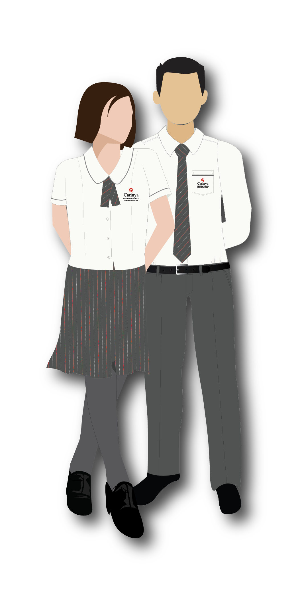 Two students wearing school uniforms, standing side by side. The girl has a white blouse with a black tie and a striped skirt, and the boy has a white shirt with a black and gray striped tie and gray pants.