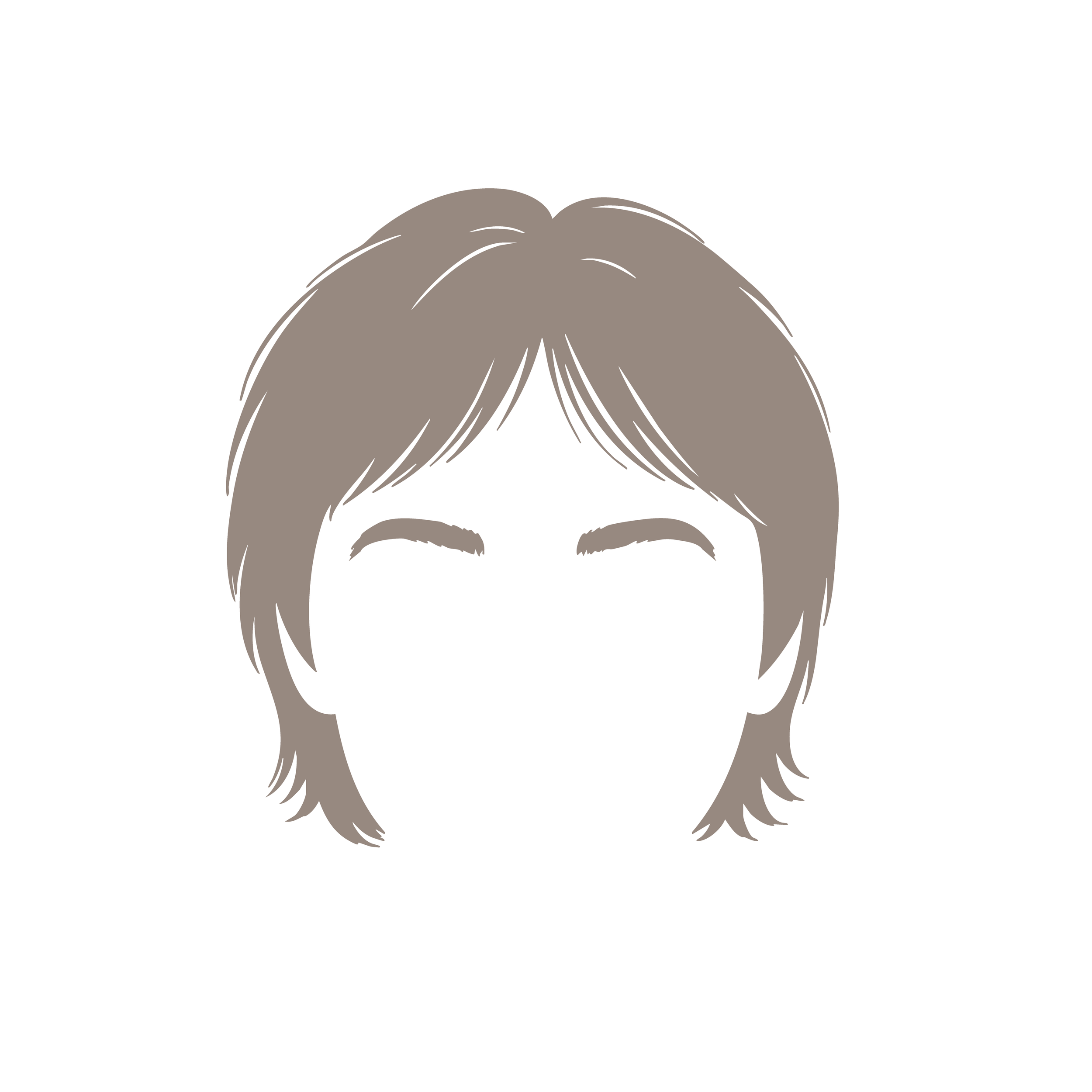 Dessin stylisé d'une tête d'animal, probablement un chien ou un chat, avec des cheveux ou poils longs de couleur grise clair, vus de face.