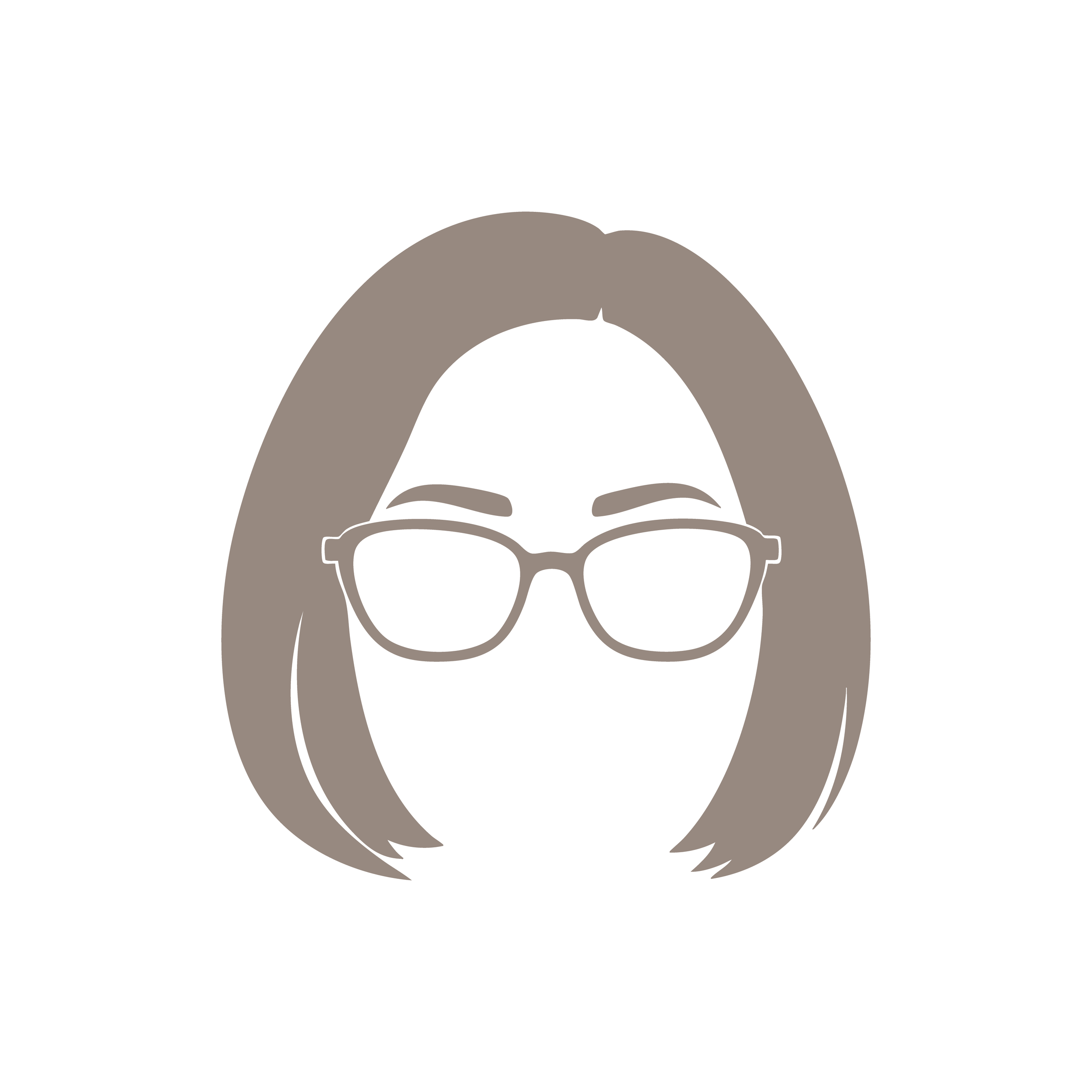 Silhouette d'une personne avec de longs cheveux portant des lunettes, vue de face, illustration simple.
