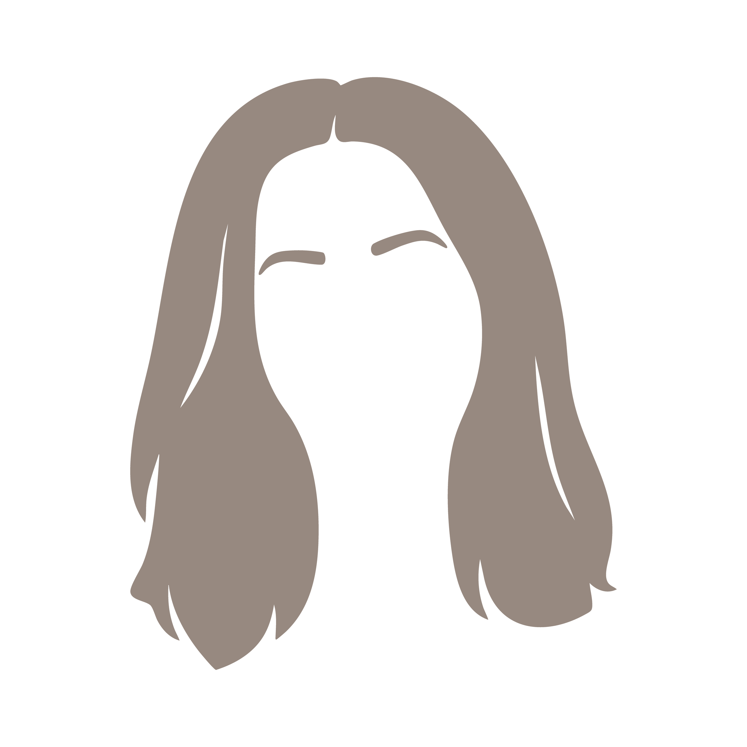 Dessin minimaliste de cheveux longs et bruns avec un visage souriant, style caricature.