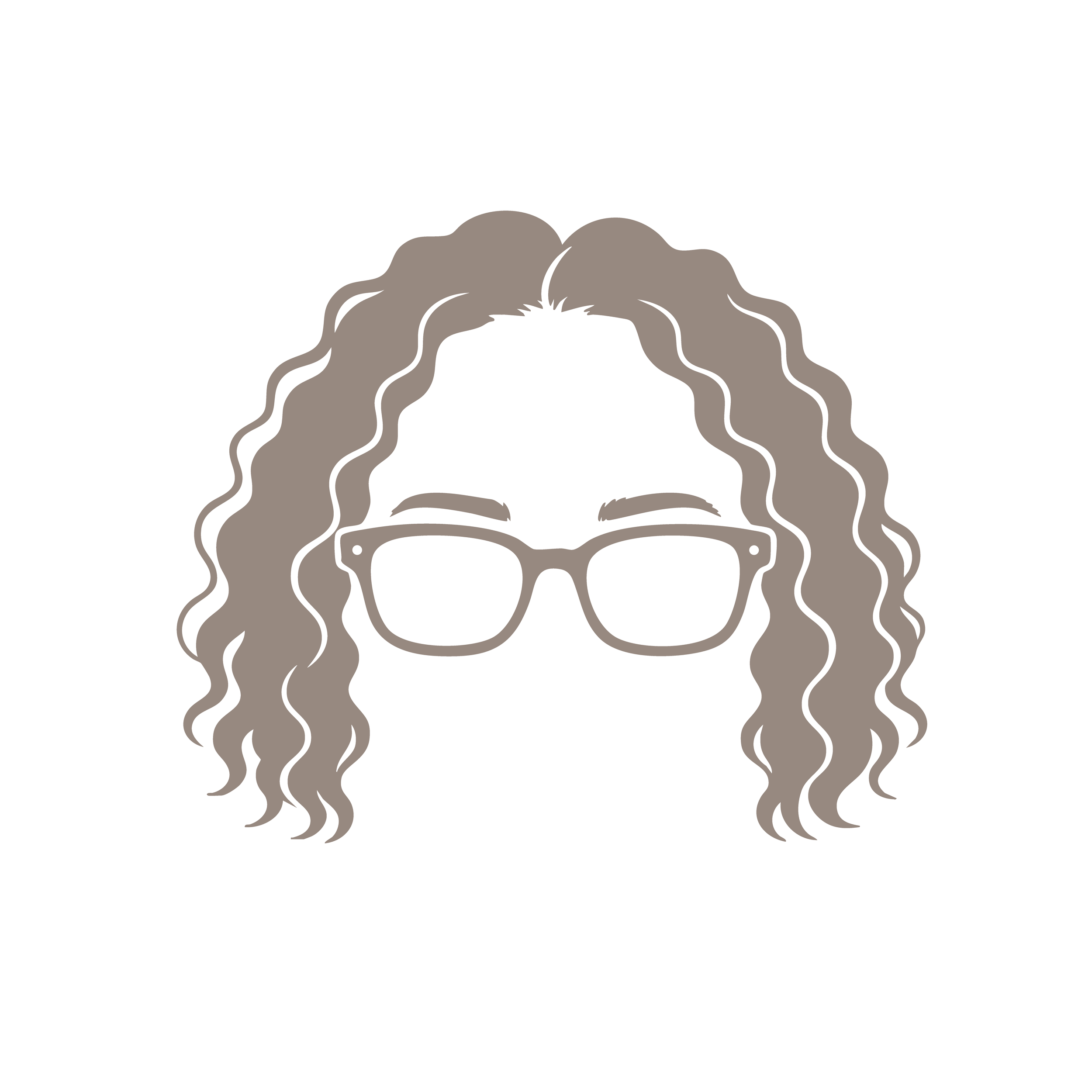 Un dessin stylisé d'un crâne avec des cheveux longs et ondulés, portant des lunettes.