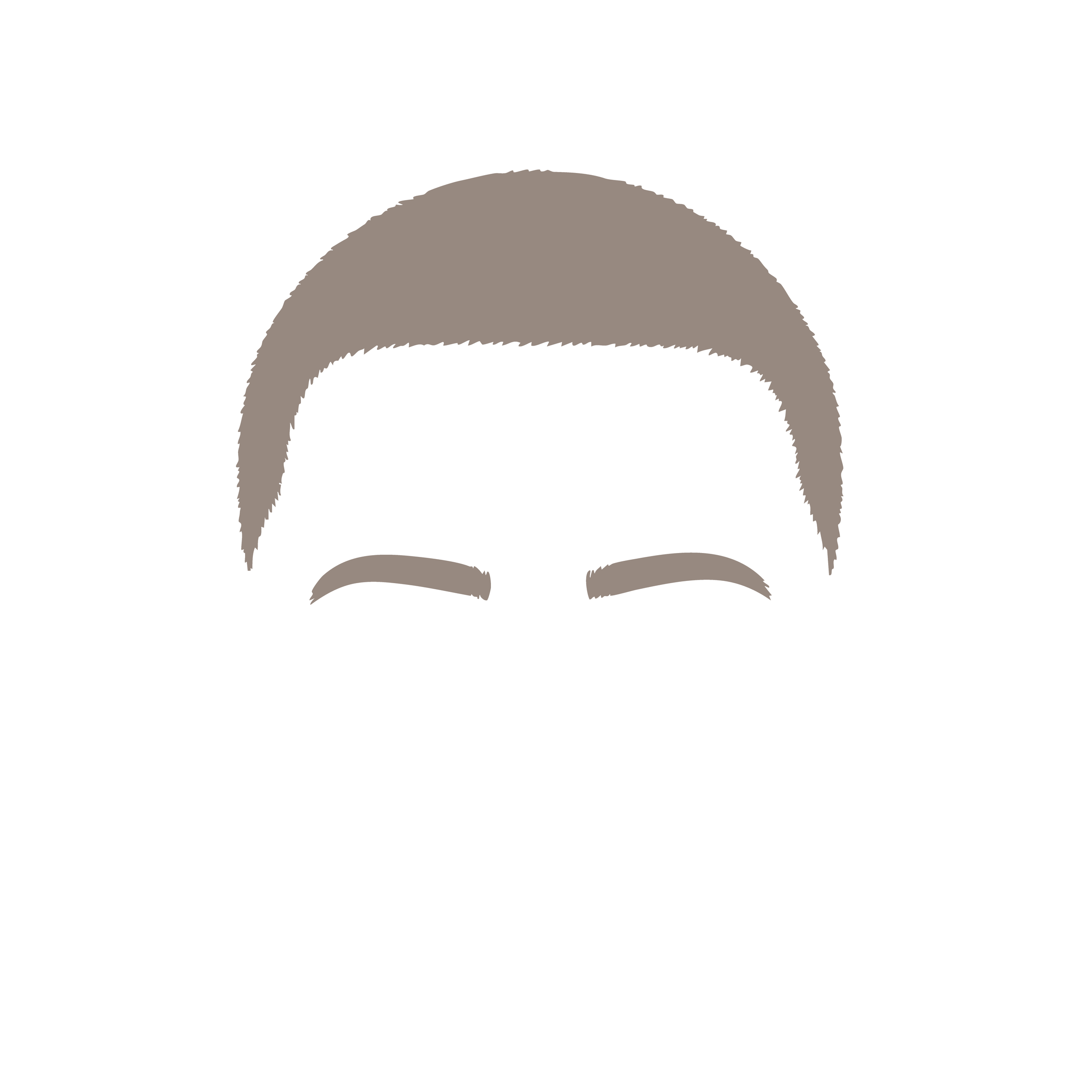 Un dessin minimaliste de cheveux gris, représentant une coiffure courte et bouclée vue de face.