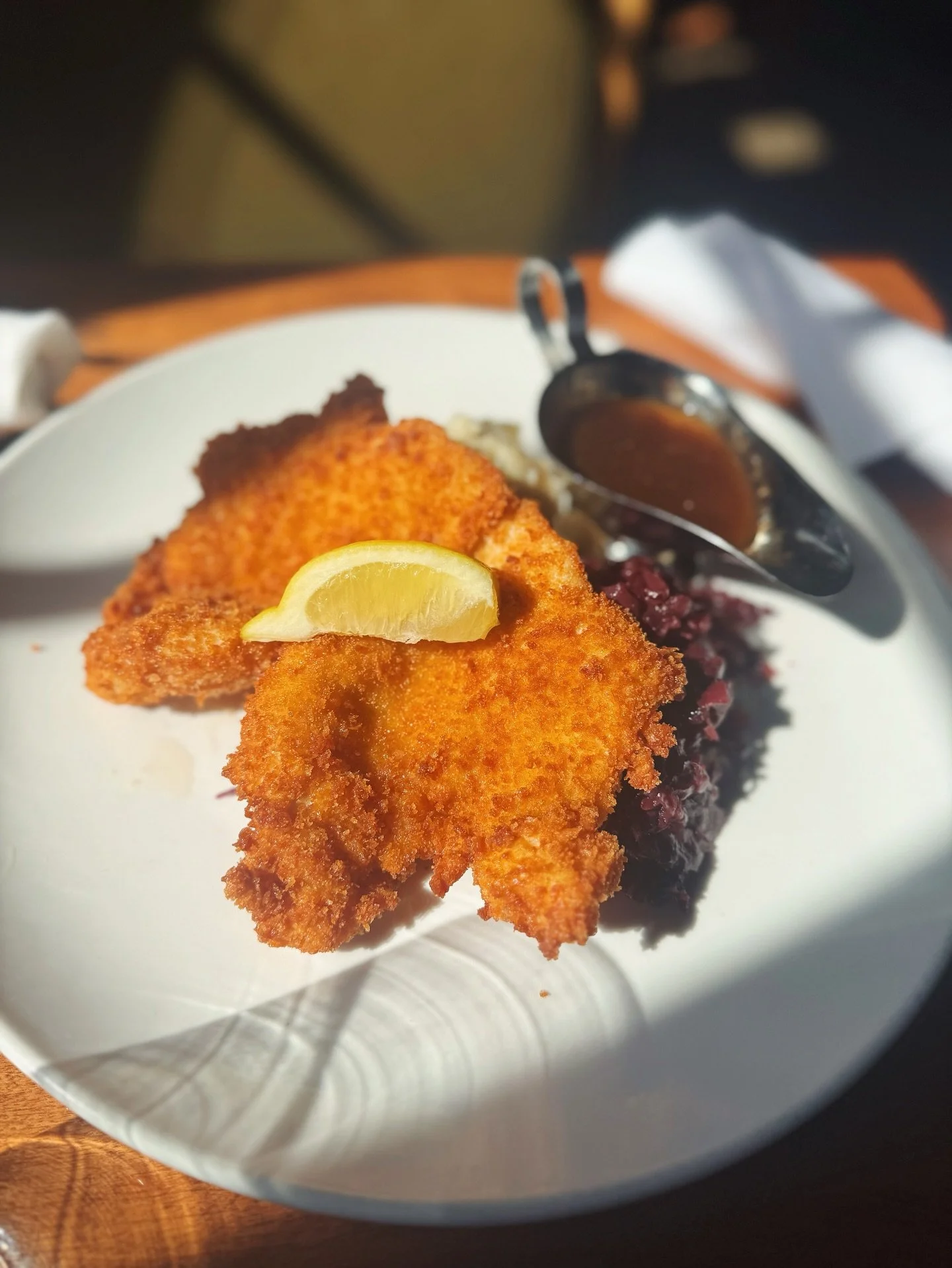 There&rsquo;s nothing quite like a classic chicken schnitzel with Madeira sauce, mashed potatoes, and tangy rotkohl. Pair it with a stein of your favorite fassbier for the ultimate experience.