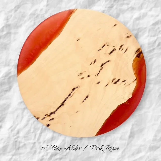 18-inch box alder Lazy Susan with vibrant pink resin river, handcrafted modern serving board