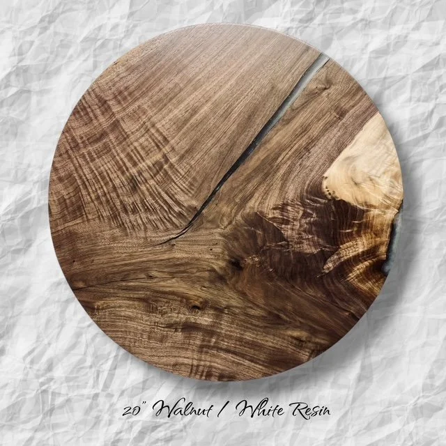 20-inch walnut Lazy Susan with soft white resin inlay, handmade natural wood kitchen centerpiece