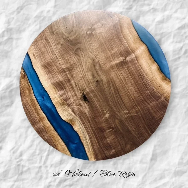 24-inch walnut Lazy Susan with bold blue resin inlay, handcrafted solid wood table centerpiece