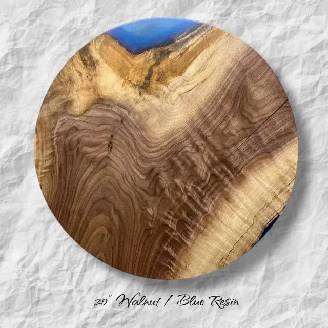 18-inch walnut Lazy Susan with swirling blue resin accents, handmade functional serving piece