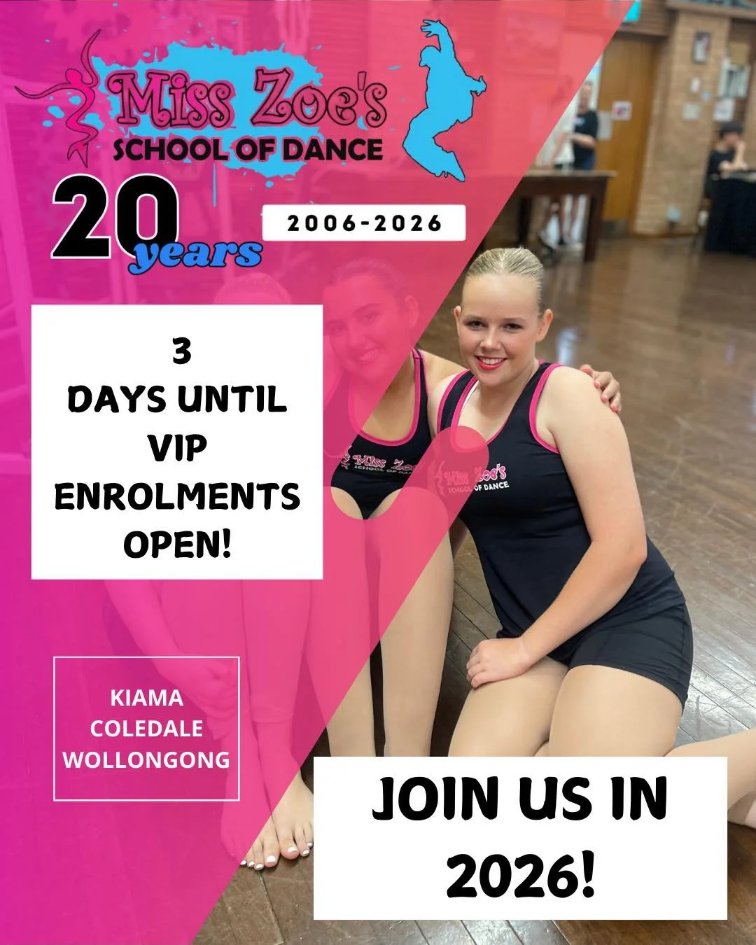 🌟 2026 VIP Enrolments Open in 3 Days!🌟 

Miss Zoe&rsquo;s School of Dance is turning 20 years strong in 2026 &ndash; and YOU can be part of the celebration!

Parents describe us as &ldquo;warm and encouraging, welcoming and accommodating &mdash; a 